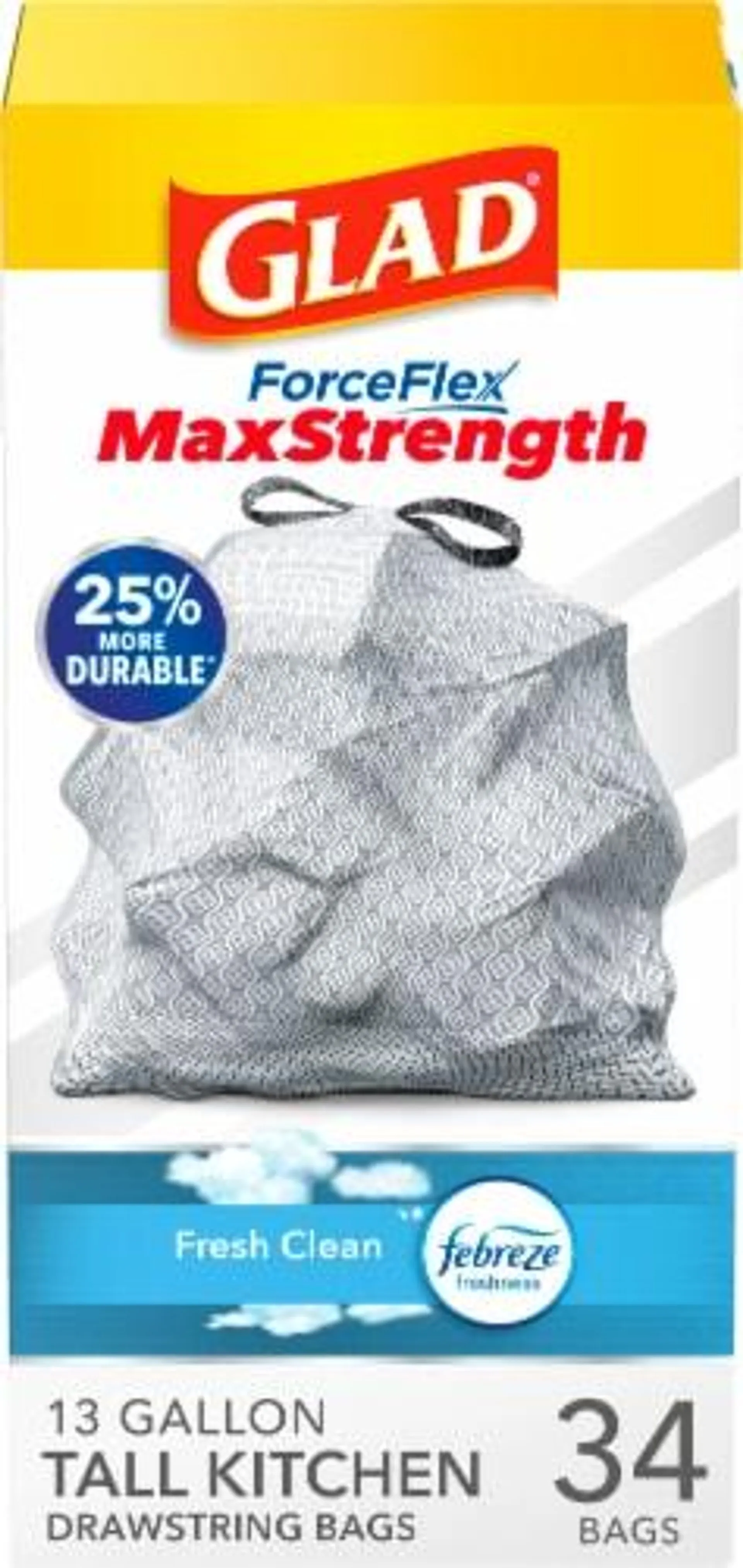 Glad ForceFlex MaxStrength Tall Kitchen Trash Bags Fresh Clean With Febreze Freshness 13 Gallon