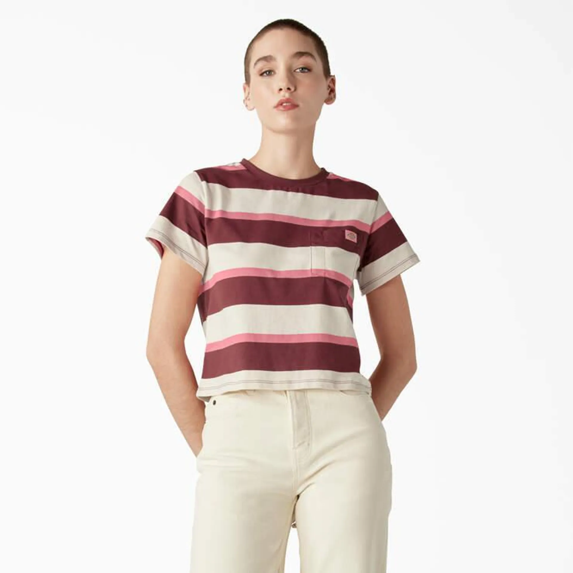 Women's Large Striped Cropped Pocket T-Shirt