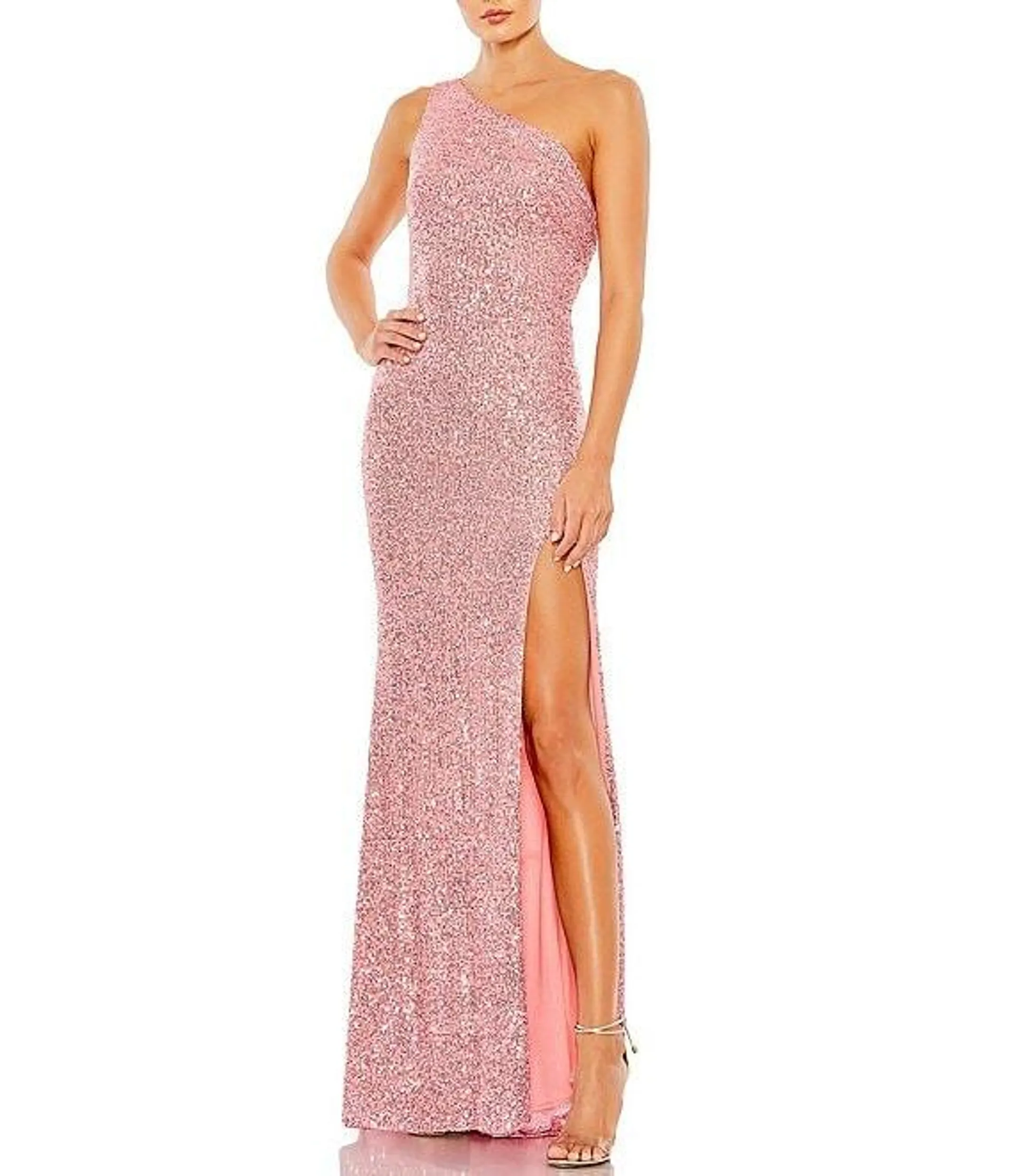 Sequined Asymmetrical One Shoulder Sleeveless Strappy Open Back Detail Thigh High Slit Gown