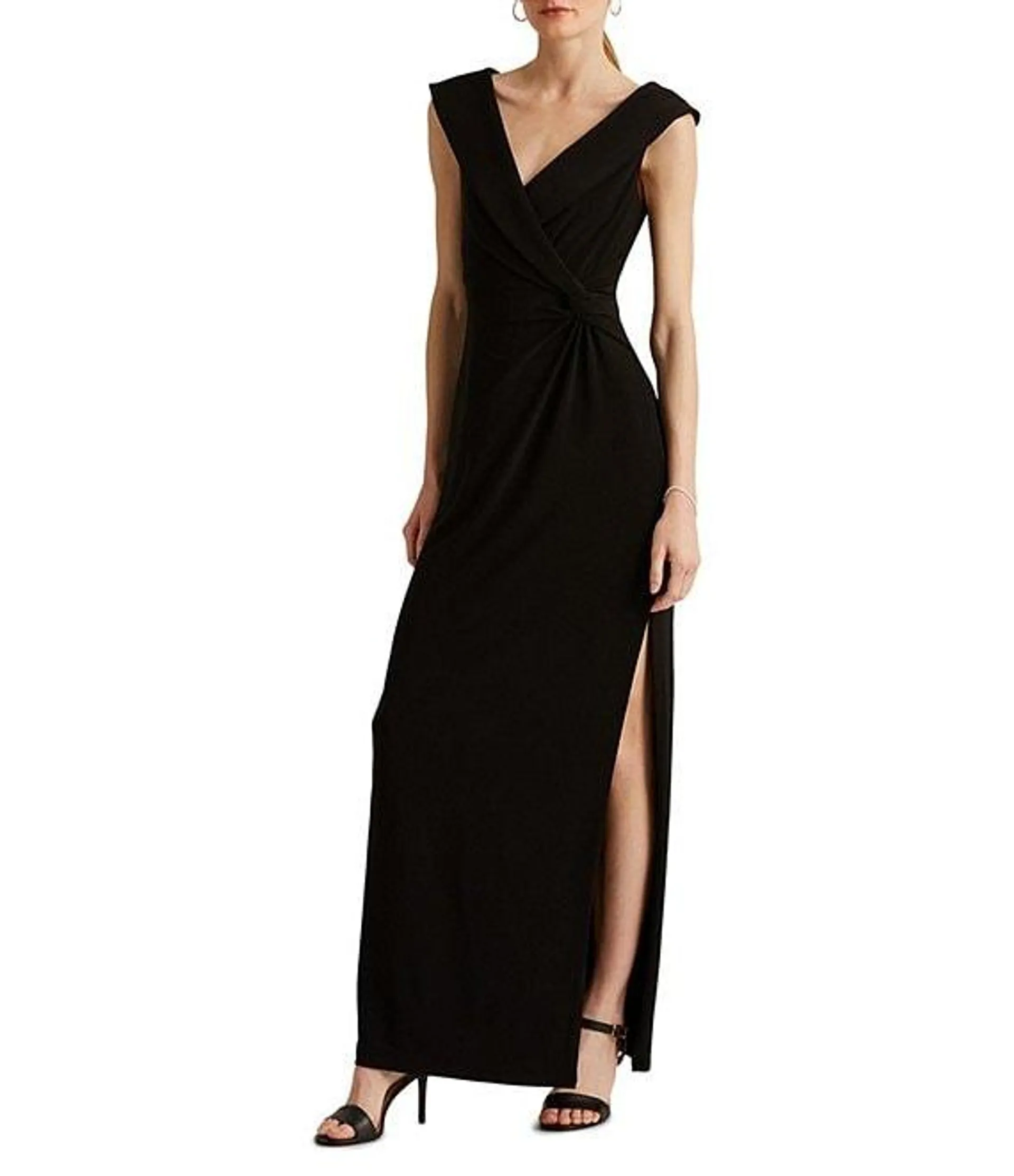 Fold Over Collar V-Neck Sleeveless Side Slit Gown