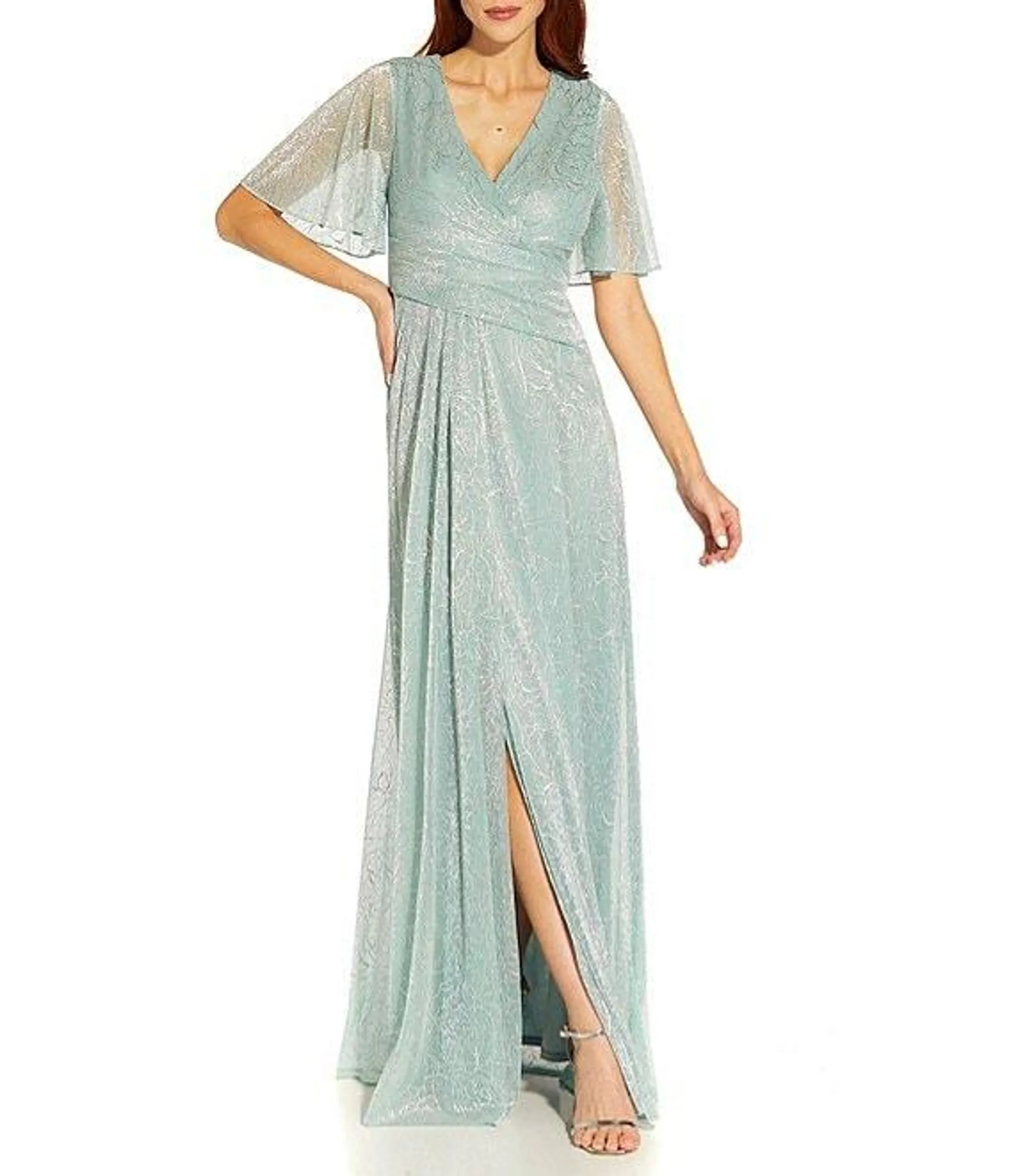 Floral Metallic Mesh Surplice V-Neck Short Flutter Sleeve Lace Thigh High Slit Side Wrap A-Line Gown