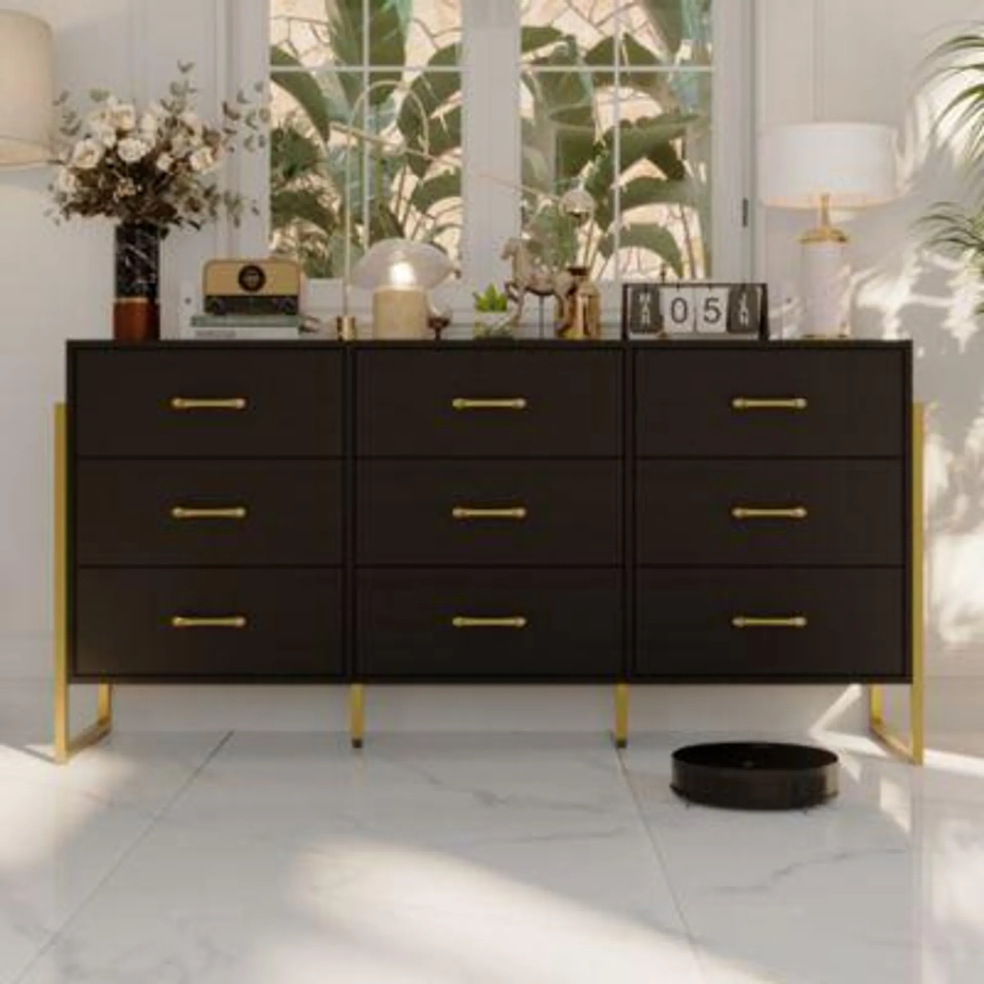 White and Golden 9-Drawers Wooden Dresser without Mirror