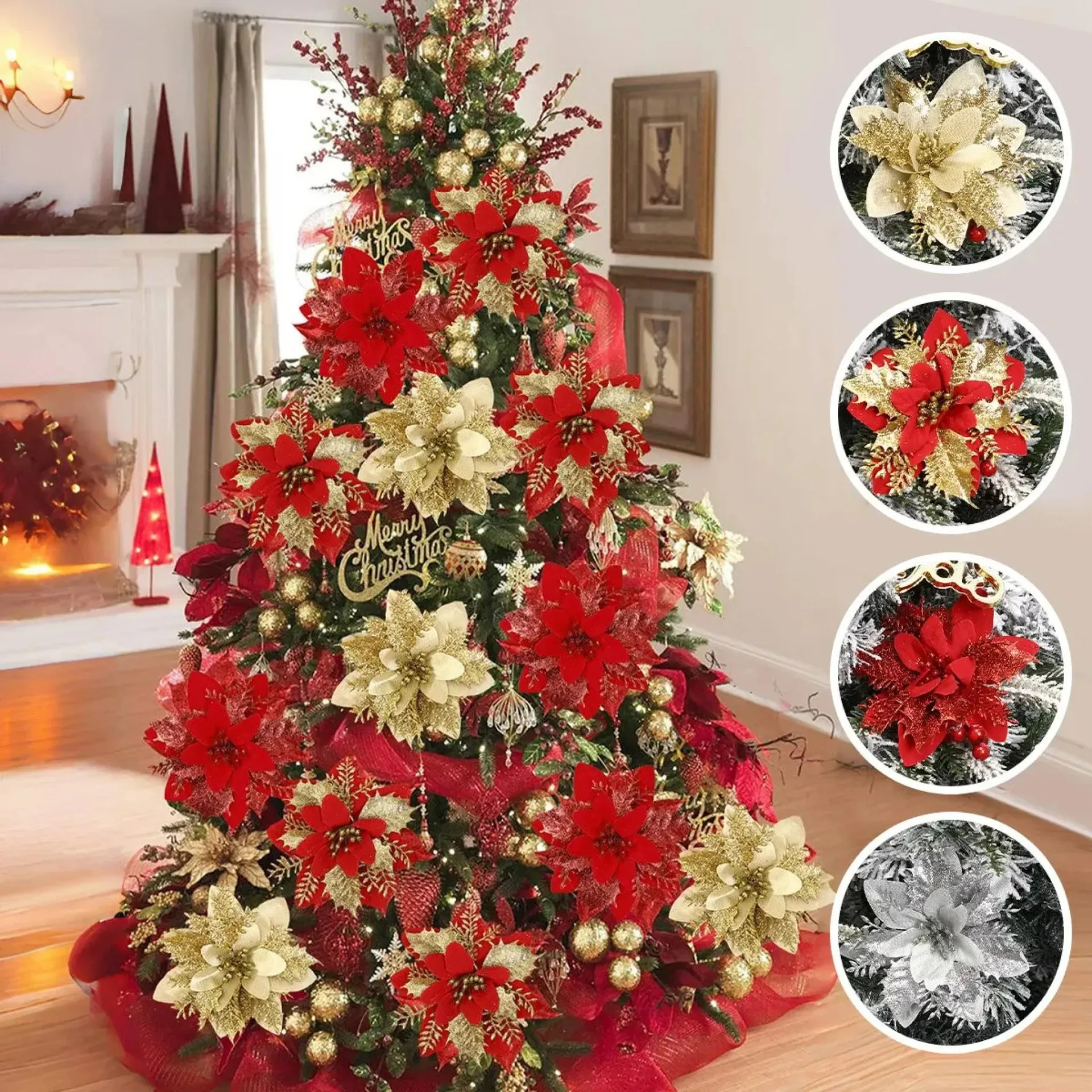 Flores artificiales con purpurina para Navidad, adornos colgantes para árbol de Navidad, flores falsas para el hogar, regalo de Navidad 2024, Año Nuevo 2025