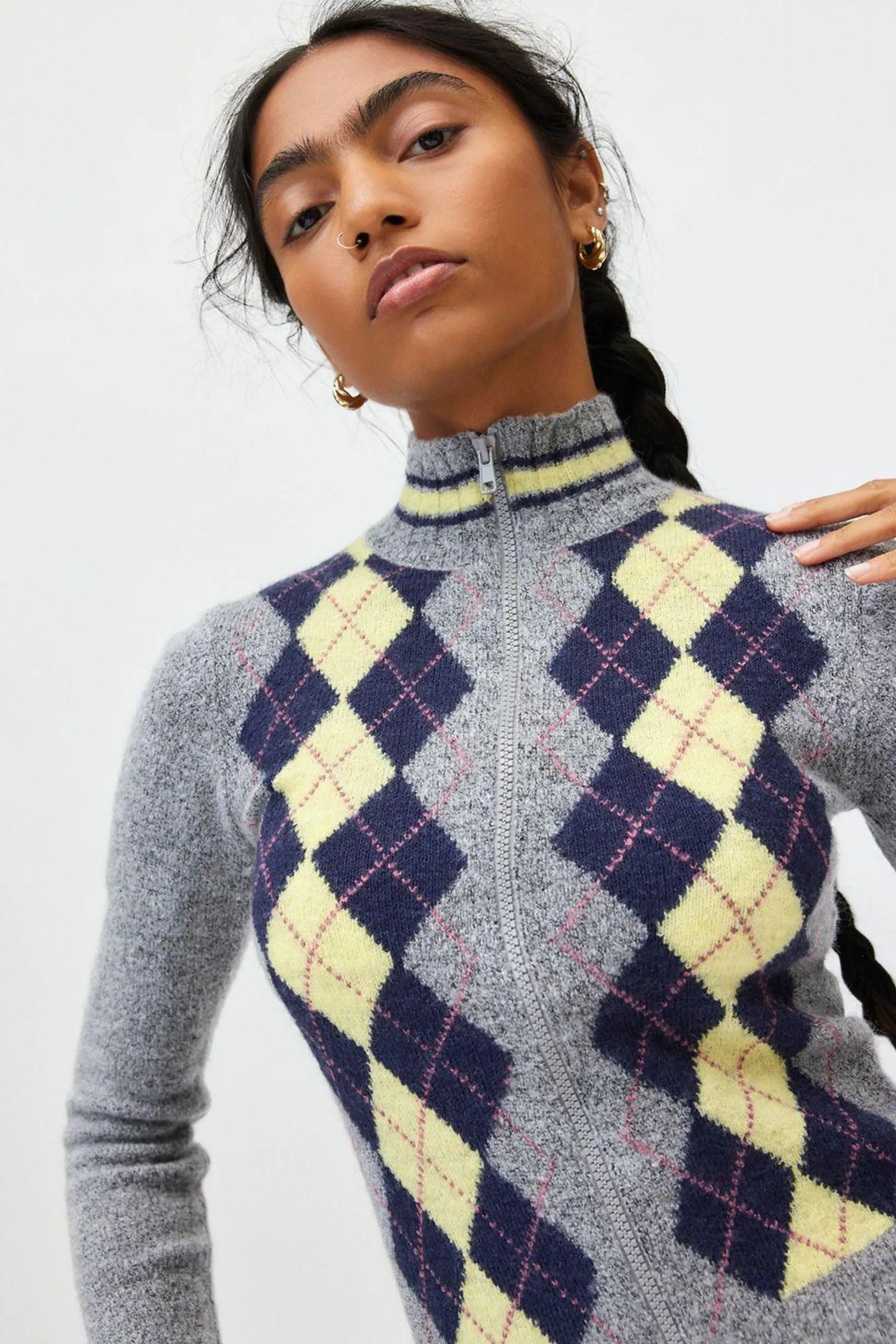 BDG Clarke Argyle Zip-Up Sweater