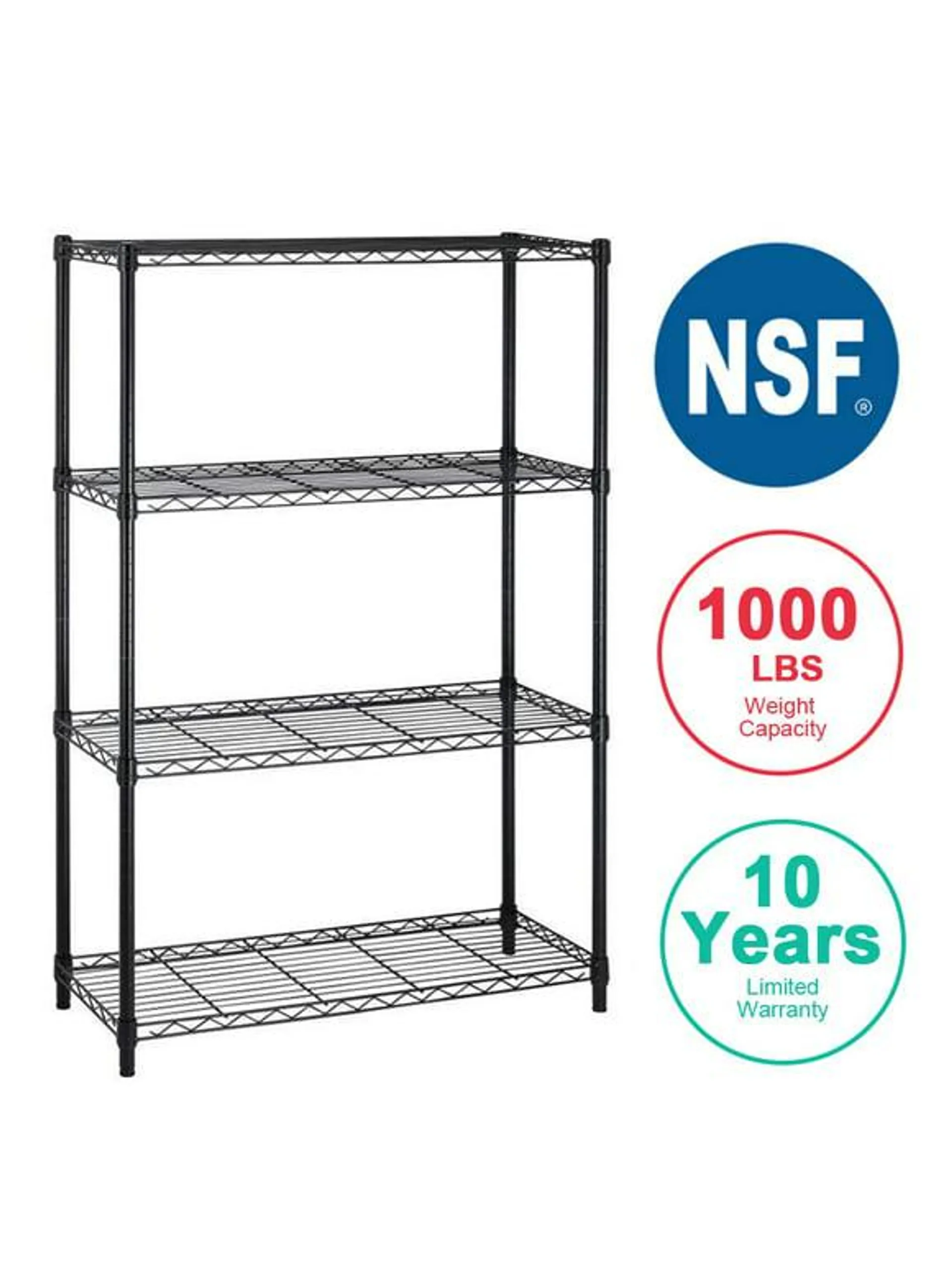 BestOffice 4Shelf Wire Shelving Unit Garage NSF Wire Shelf Metal Storage Shelves Heavy Duty Height Adjustable for 1000 lbs Capacity Black