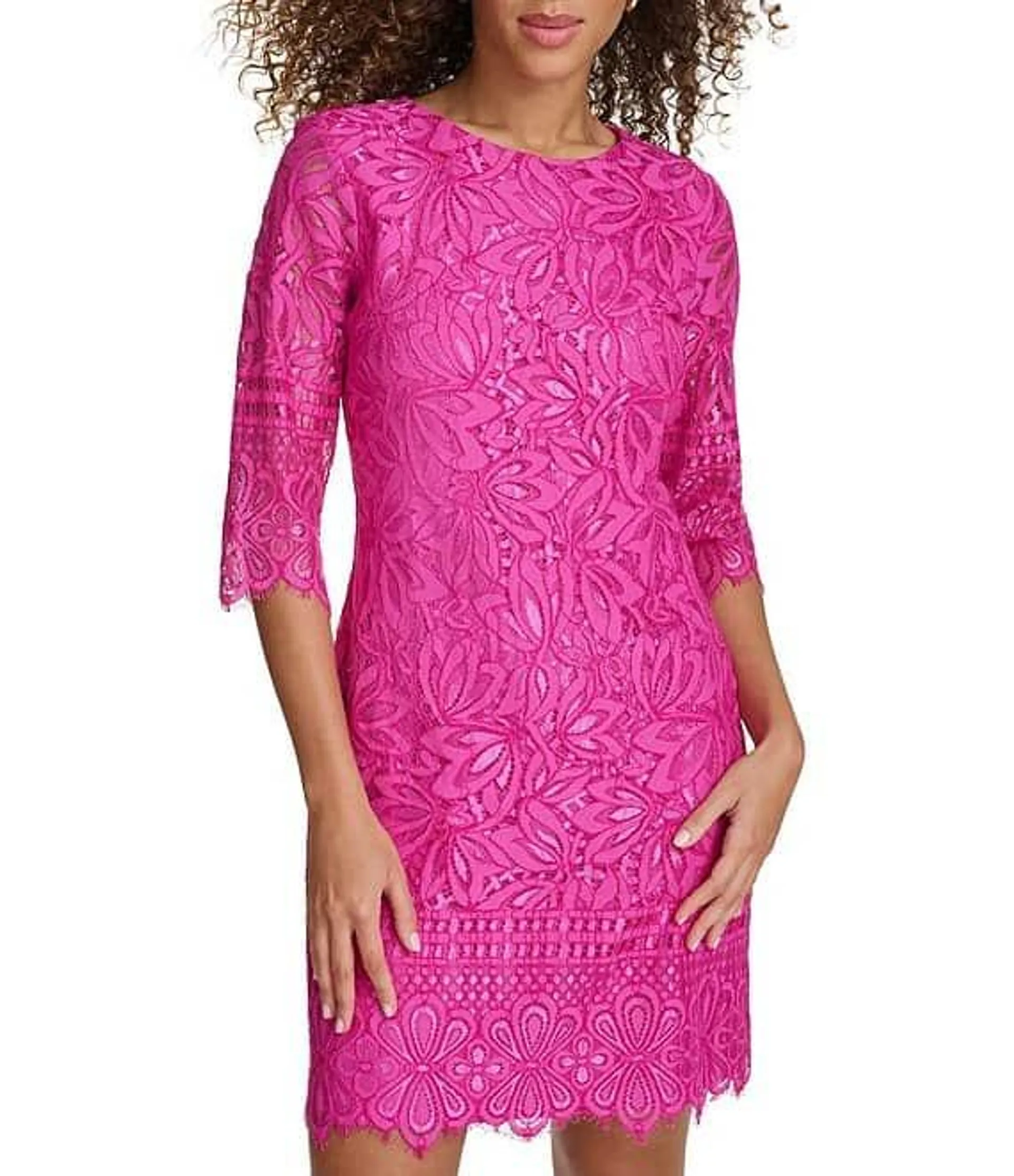 3/4 Illusion Sleeve Contrasting Corded Floral Lace Scalloped Hem Sheath Dress