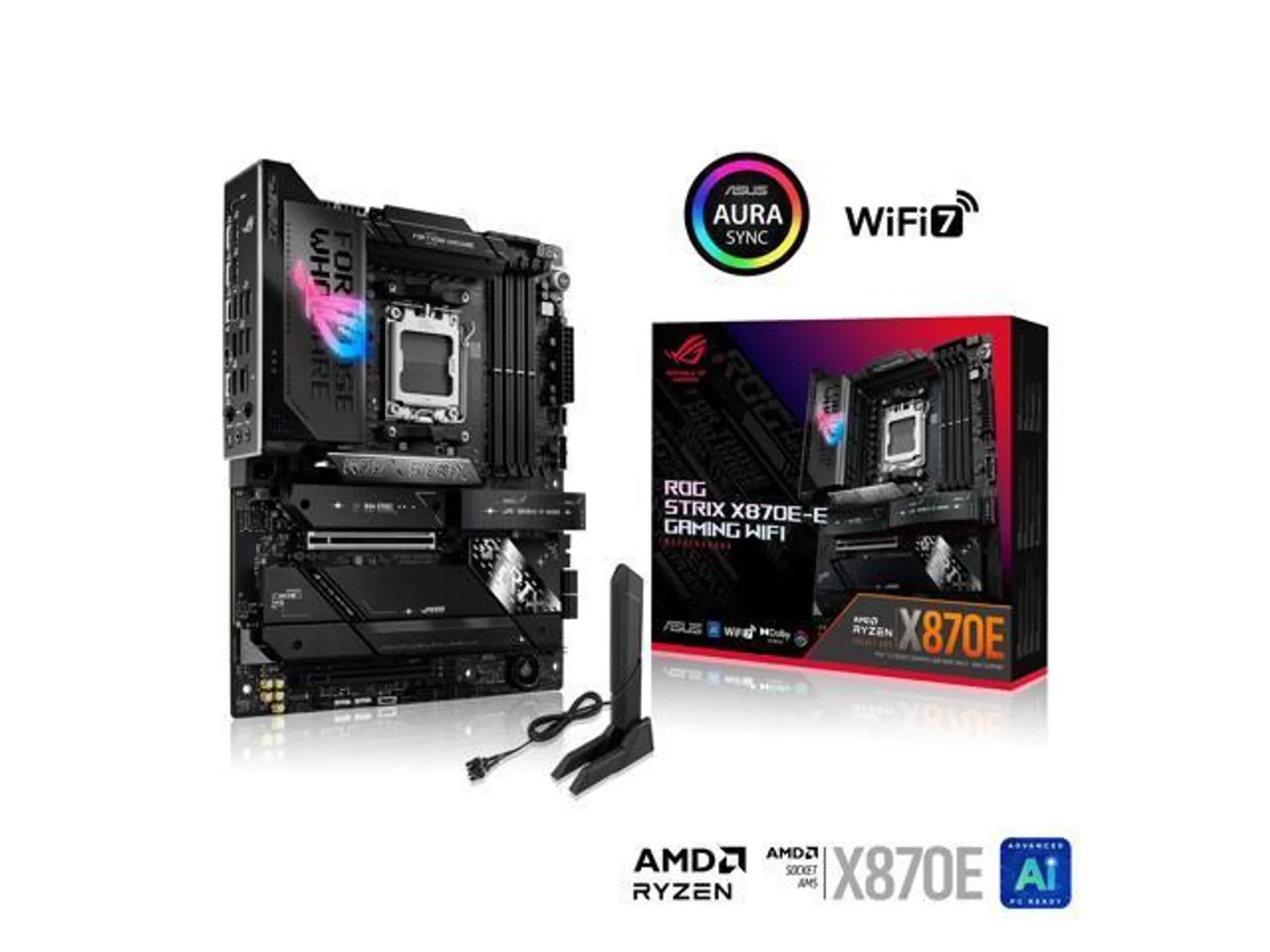 ASUS ROG STRIX X870E-E GAMING WIFI AMD AM5 X870 ATX motherboard 18+2+2 power stages, Dynamic OC Switcher, Core Flex, DDR5 AEMP, WiFi 7, 5x M.2, PCIe 5.0, Q-Release Slim, USB4, AI OCing & Networking