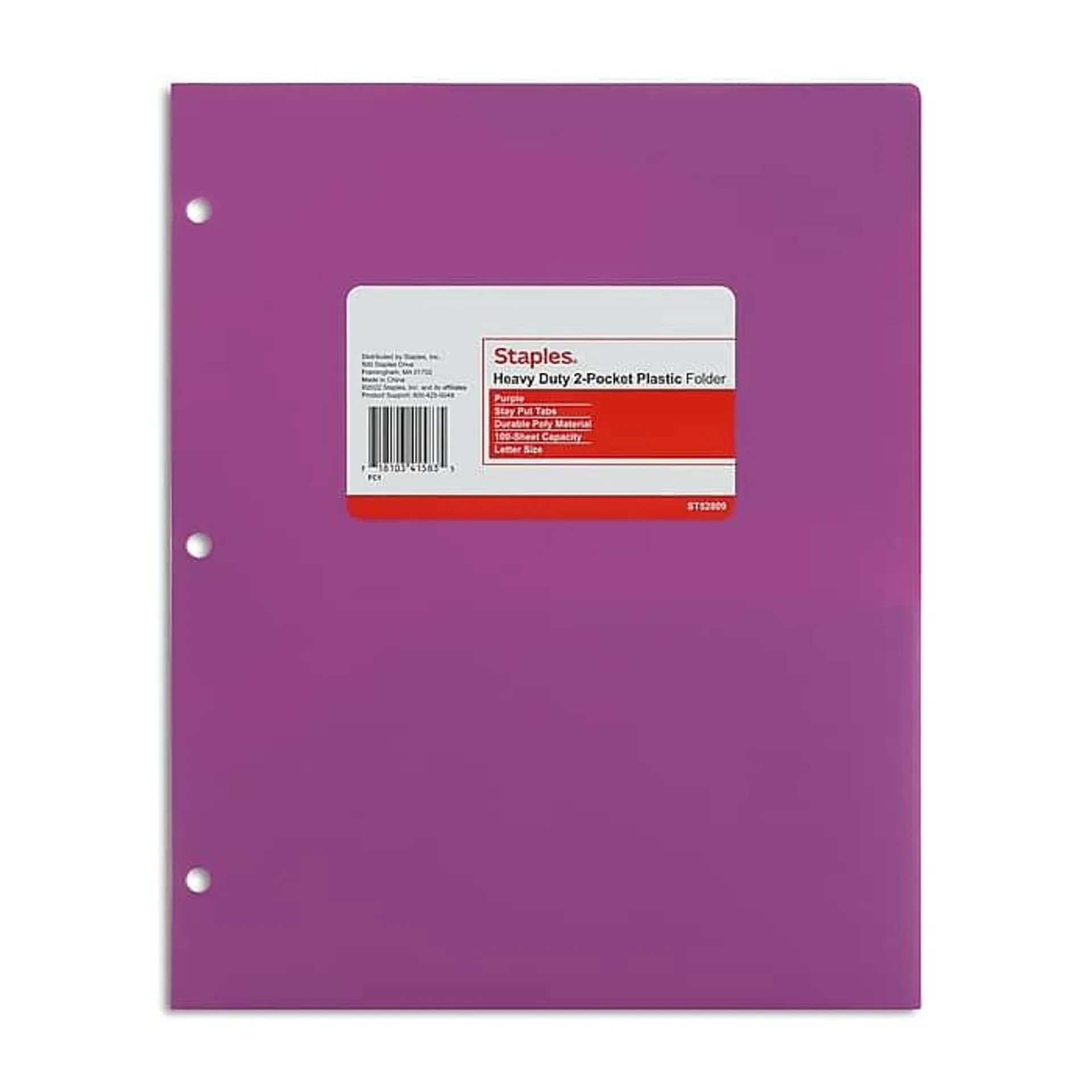 Staples 3-Hole Punched 2-Pocket Plastic Portfolio Folder,