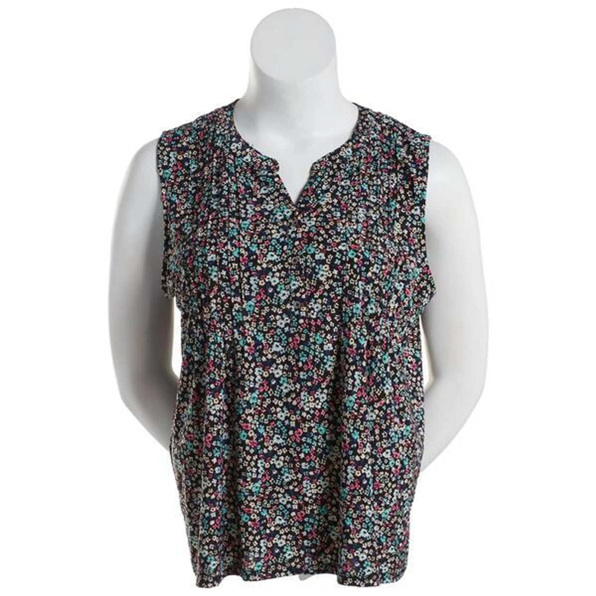 Plus Size Napa Valley Sleeveless Floral Pleat Knit Henley Blouse