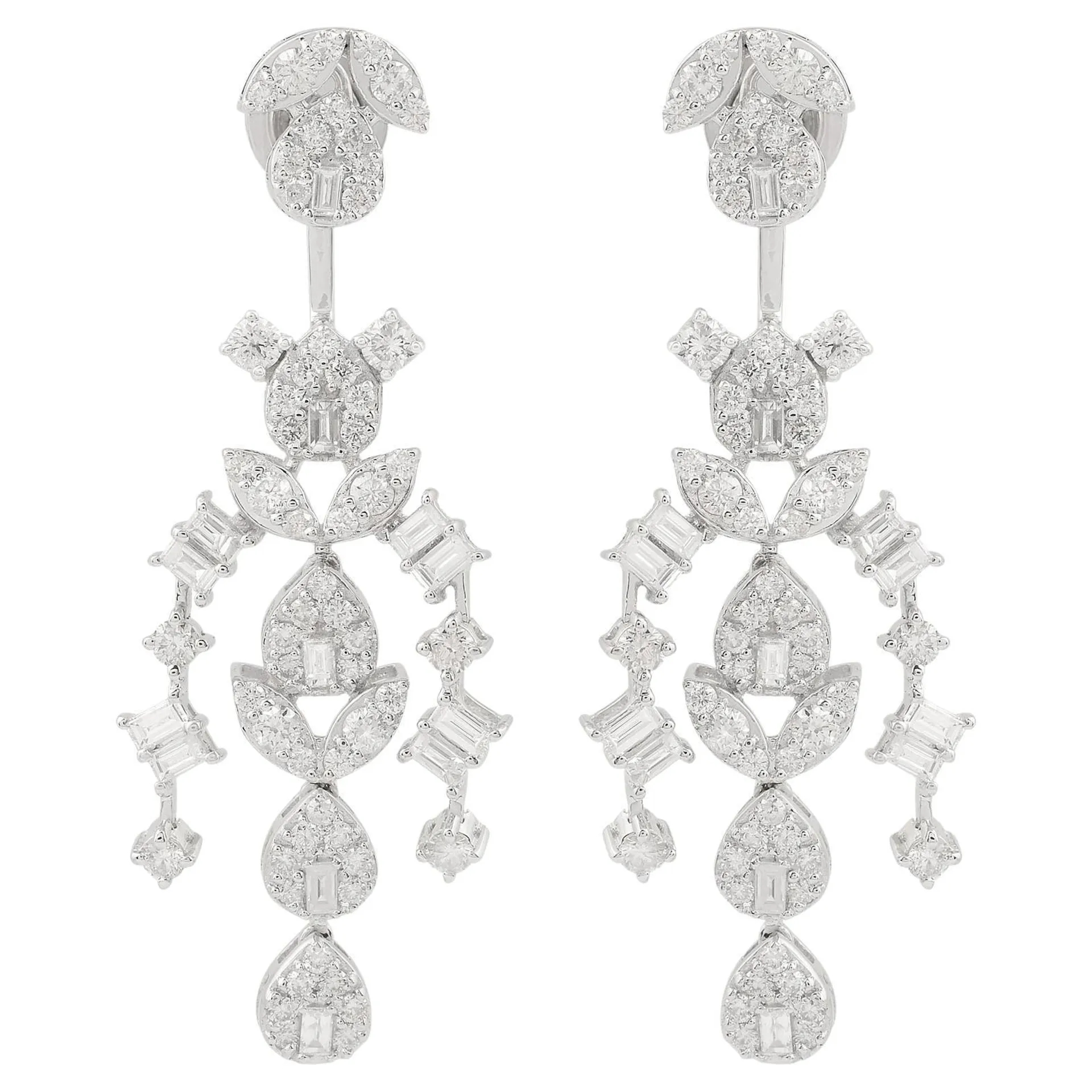 SI Clarity HI Color Baguette Diamond Chandelier Earrings 14k White Gold Jewelry