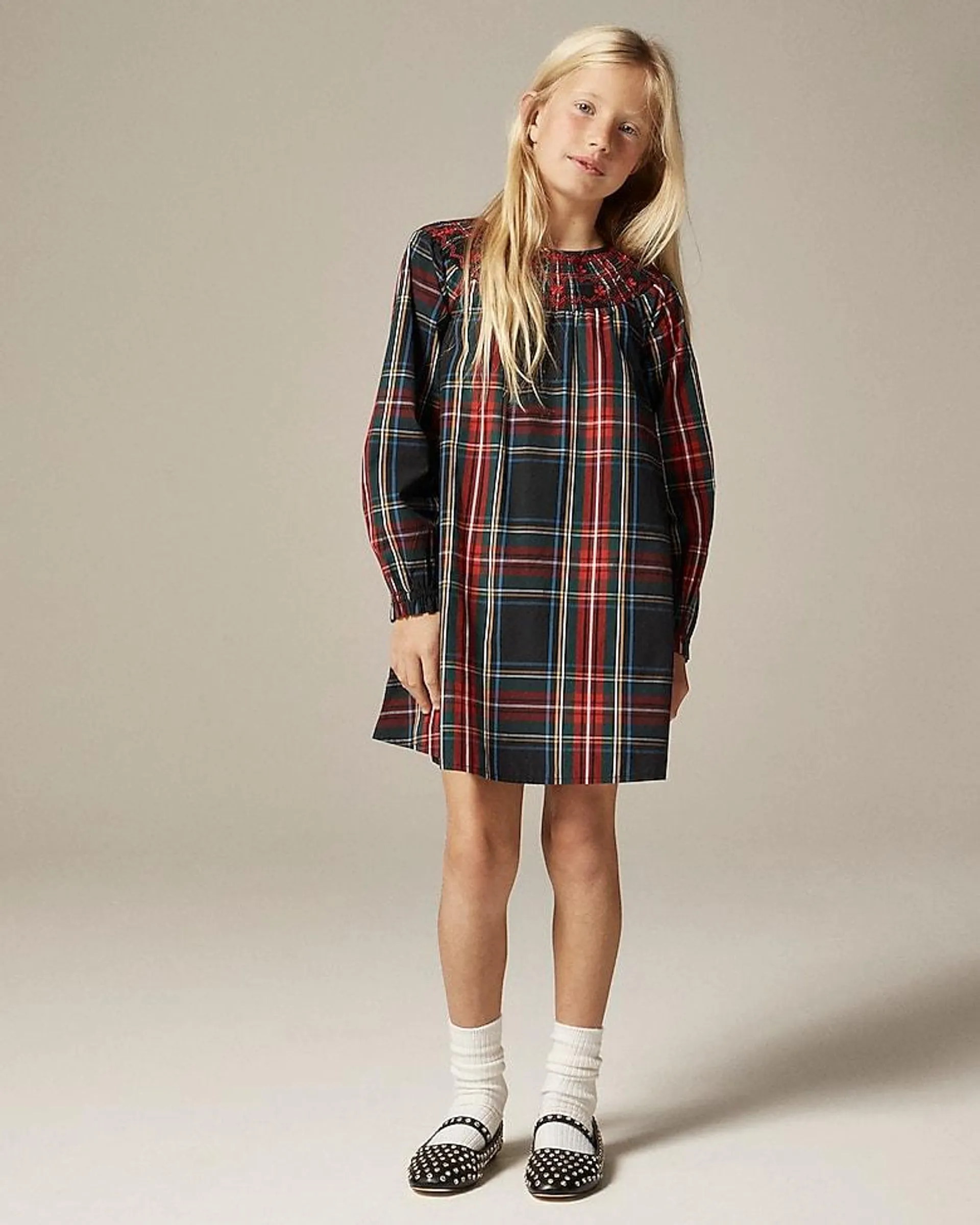 Girls' smocked Stewart tartan dress with embroidery