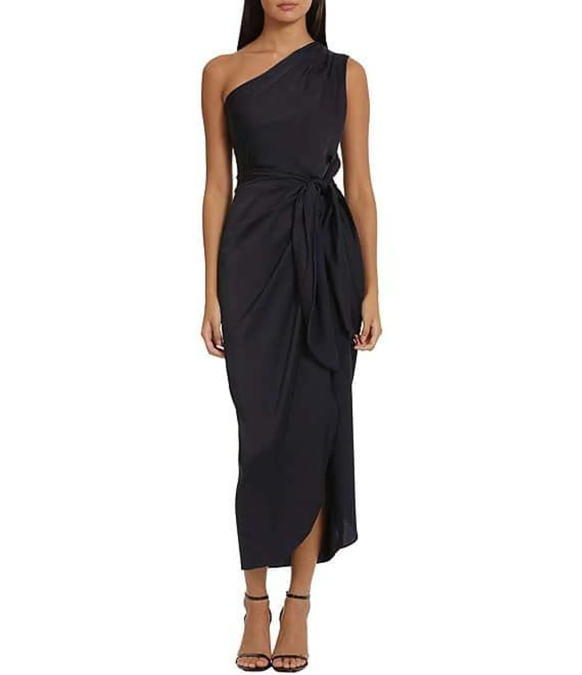 One Shoulder Tie Waist Draped Skirt Dress