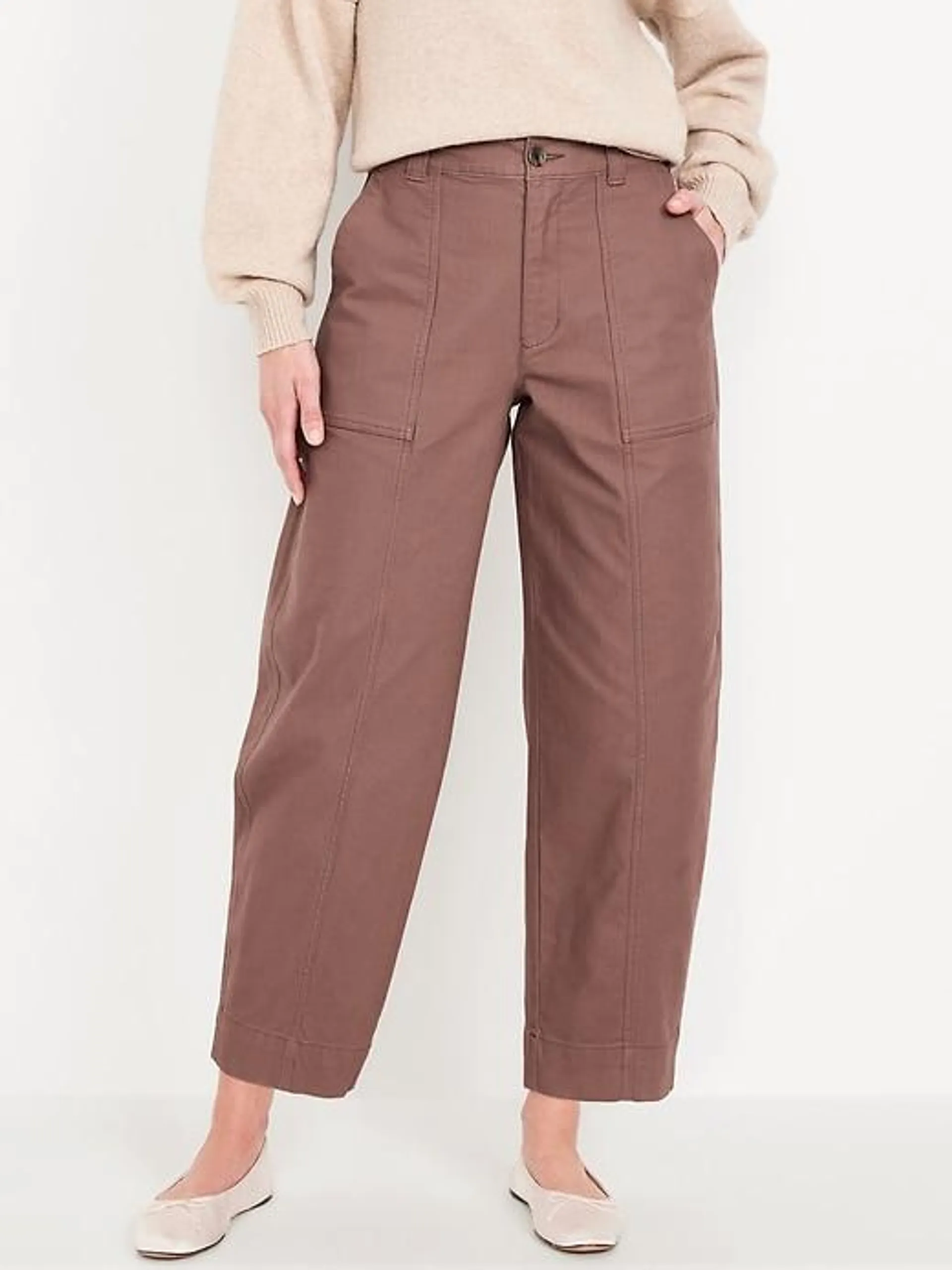 High-Waisted Canvas Barrel-Leg Pants