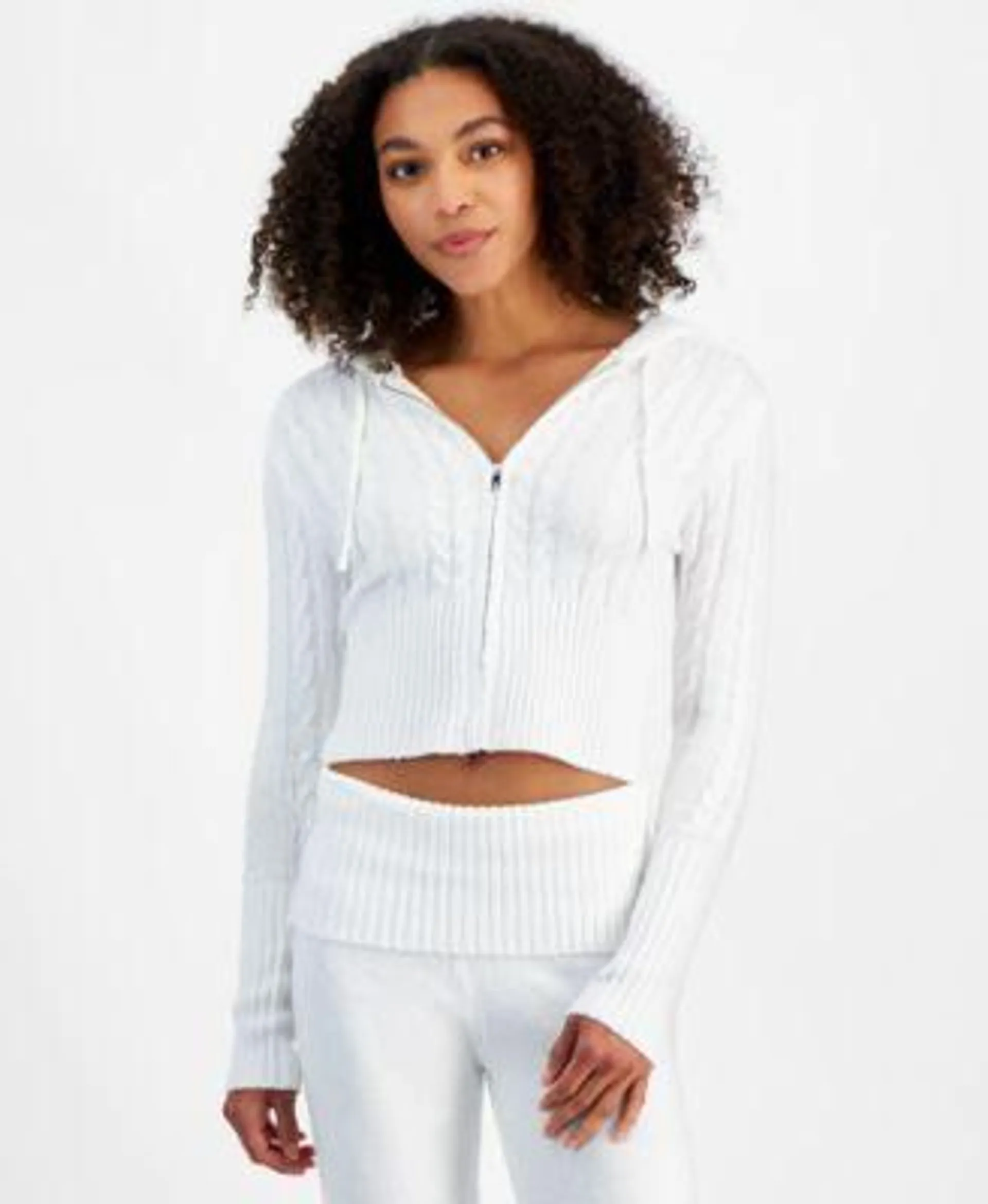 Juniors' Mossy Crop Cable-Knit Zip-Front Hoodie