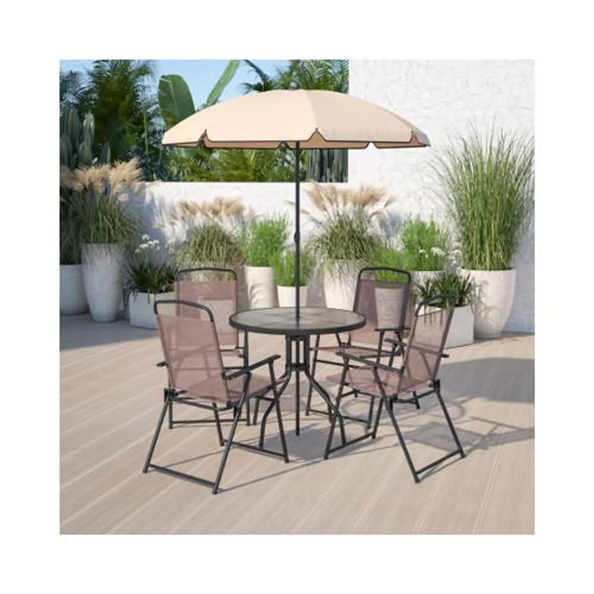 Nantucket 6 Piece Brown Patio Garden Set with Umbrella Table and Set of 4 Folding Chairs