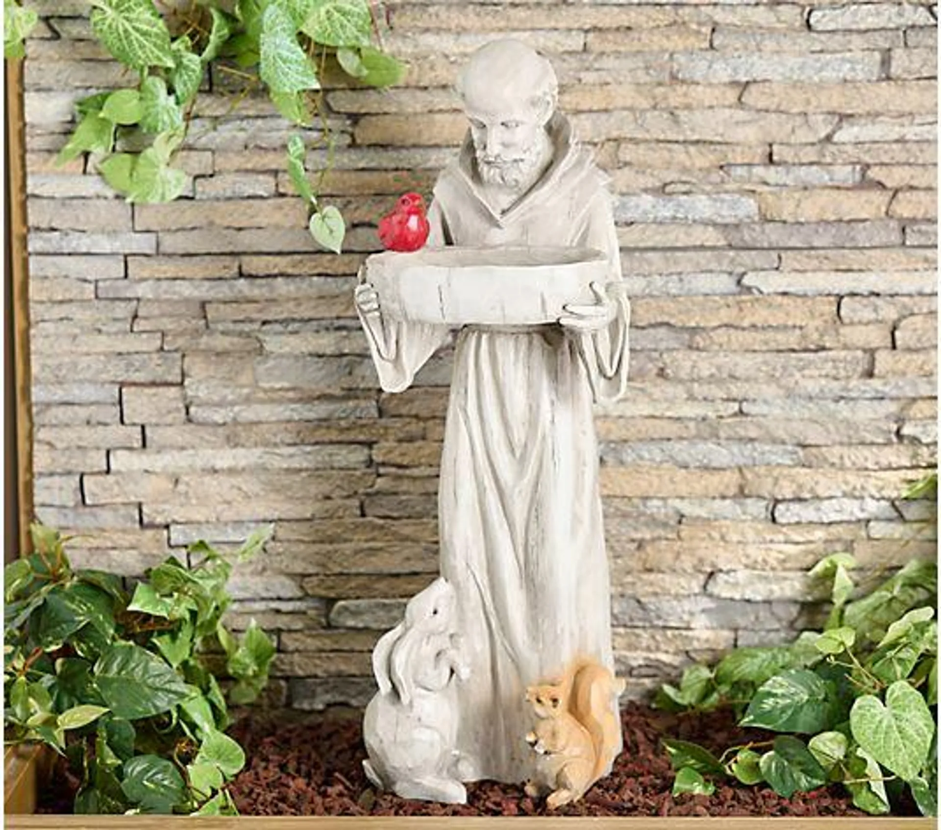 Barbara King 34" Religious Garden Statuary With Birdfeeder