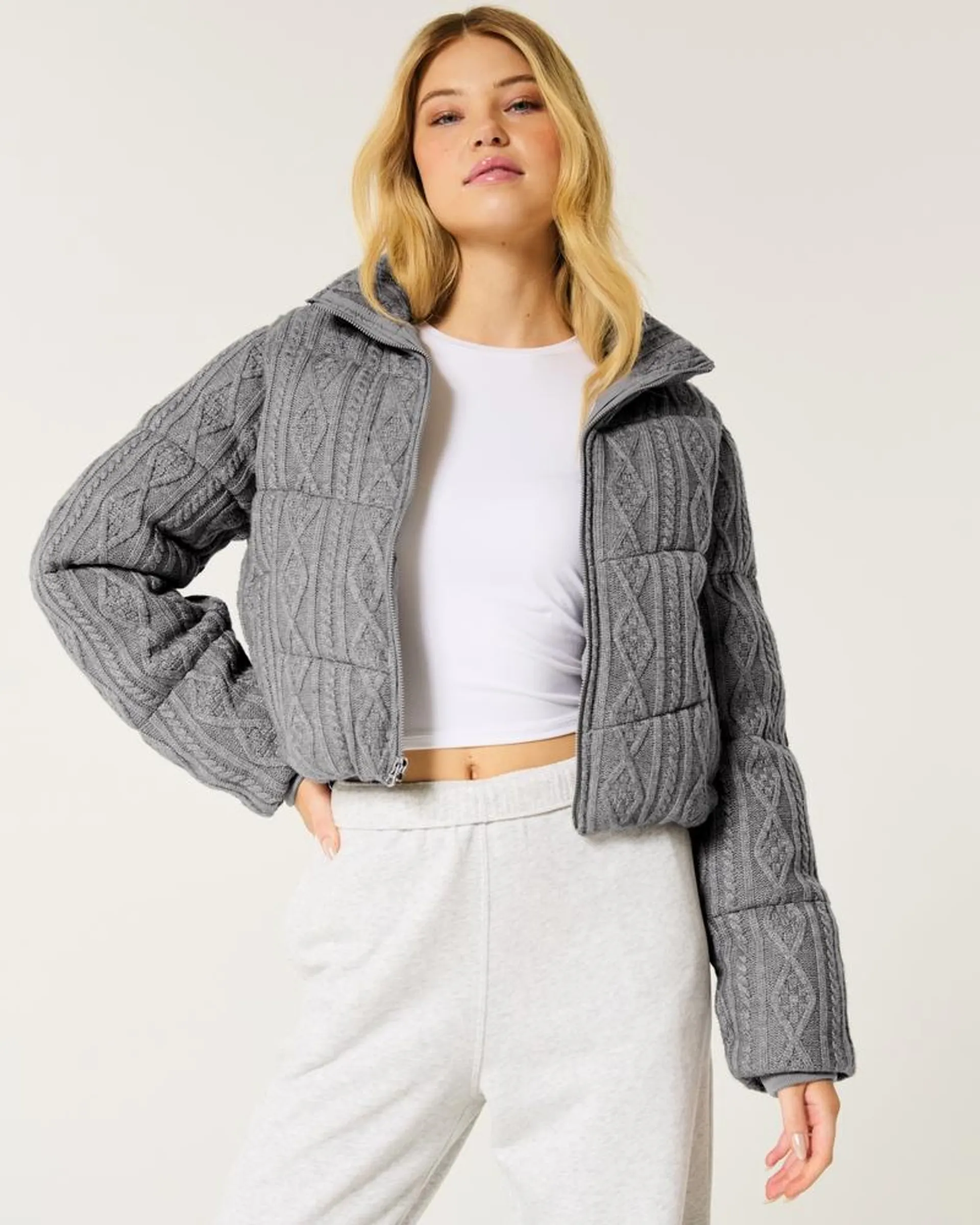 Sweater-Knit Mini Puffer Jacket