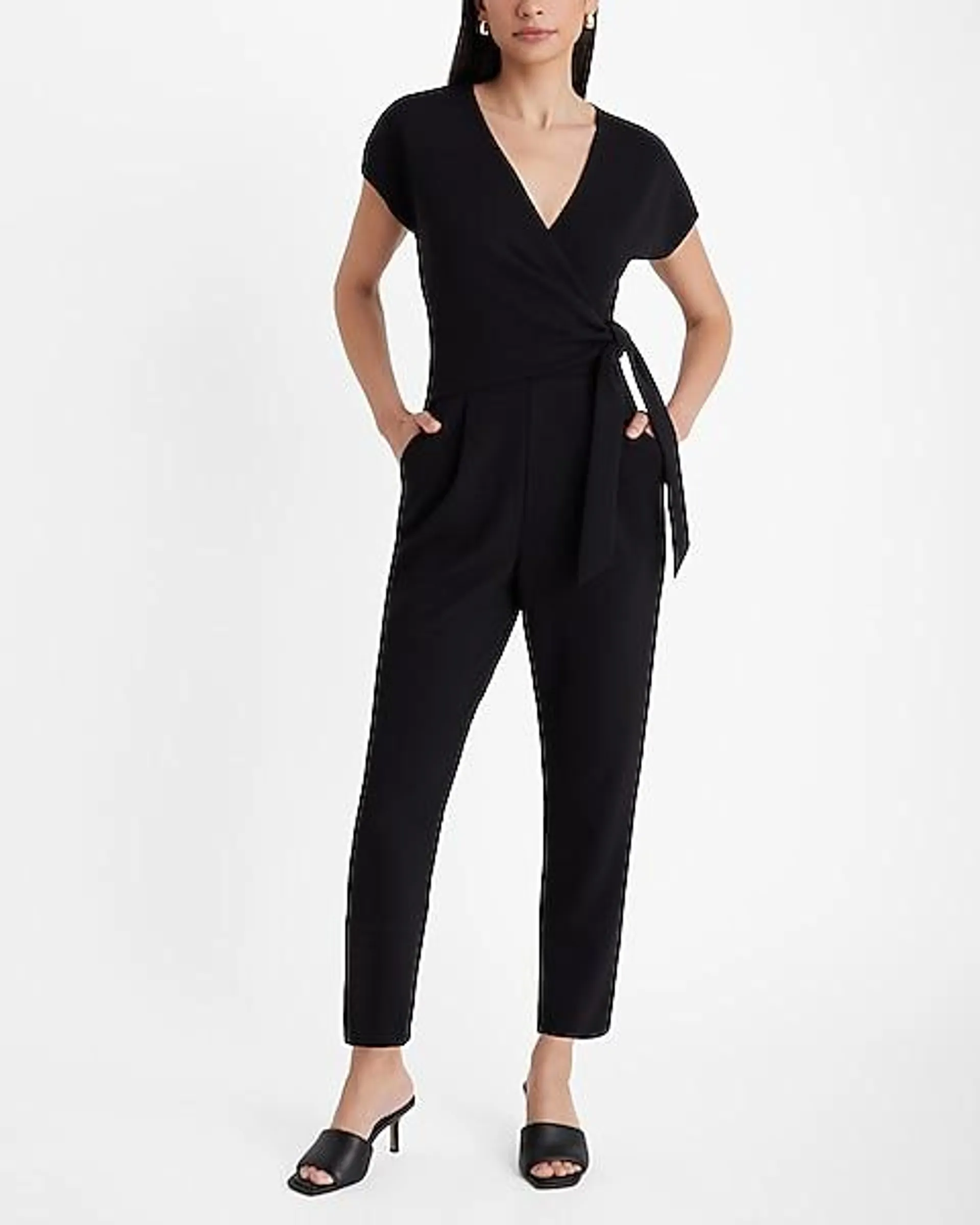 V-Neck Short Sleeve Surplice Tie Waist Straight Leg Jumpsuit