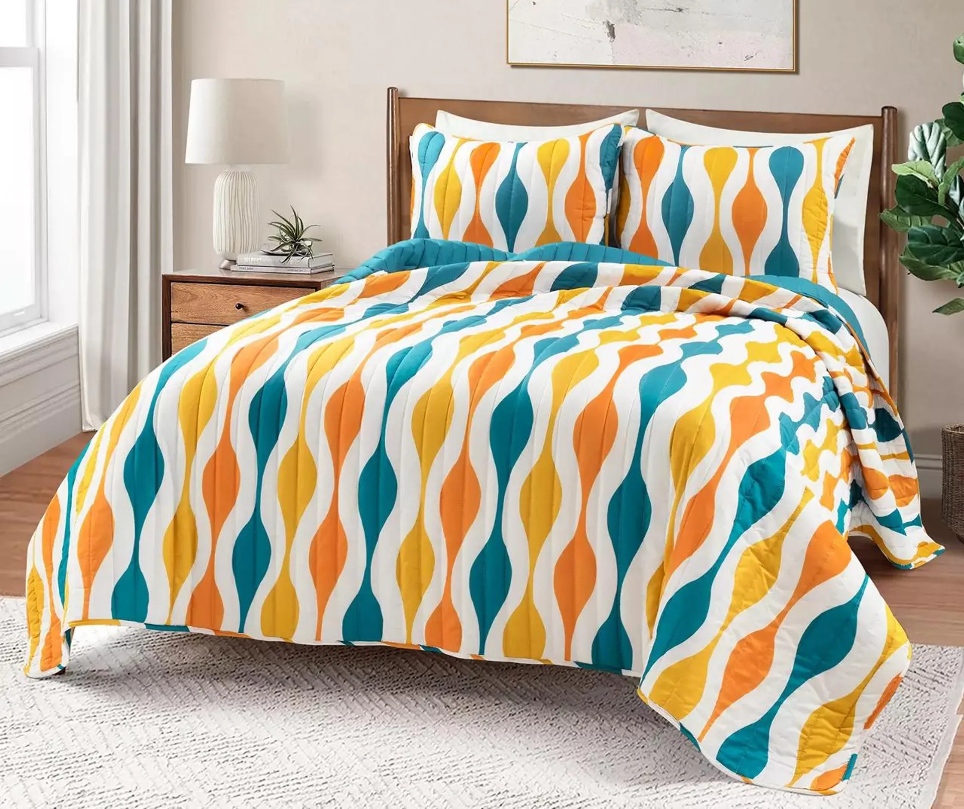 Turquoise & Orange Mid-Century Waves King 3-Piece Quilt Set