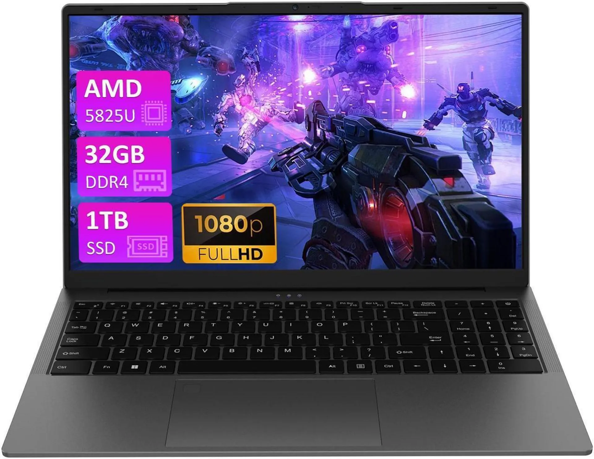 Auusda 15.6" Gaming Laptop AMD Ryzen 7 5825U 2.0-4.5GHz, 32GB DDR4 RAM, 1TB NVME SSD, Windows 11 Pro Laptop Computer, Dual Channel SODIMM*2, Slot*2, Backlit, Fingerprint, Webcam Switch, Gray