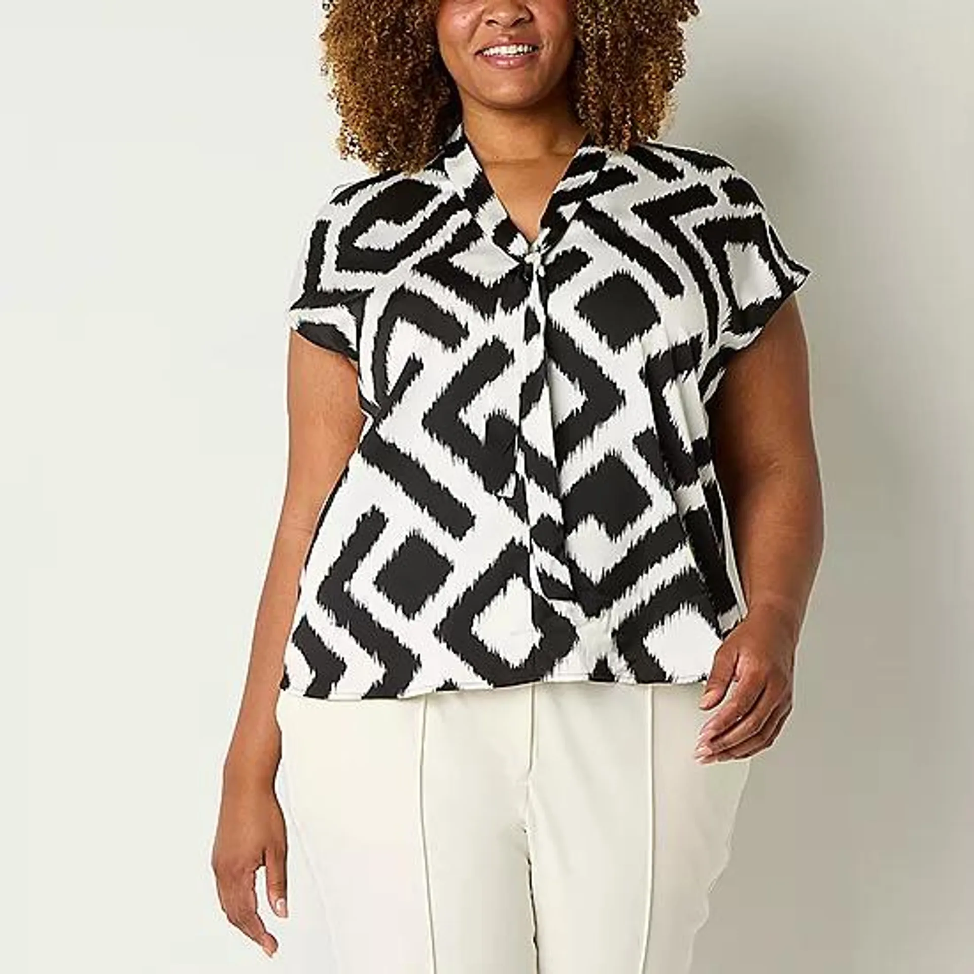 Worthington Plus Womens Split Tie Neck Short Sleeve Blouse