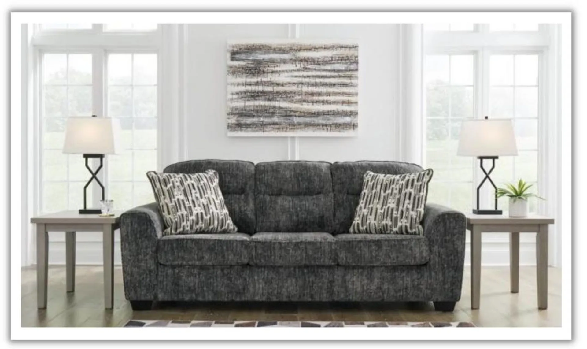 Ashley Lonoke 3-Seater Stationary Fabric Sofa with Cushions Arms