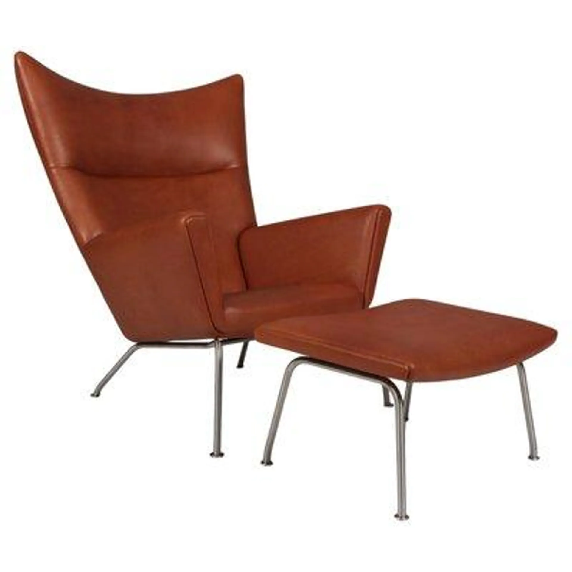 Model Ch445 Wing Chair and Ottoman in Full Grain Leather attributed to Hans J. Wegner, 2000s, Set of 2