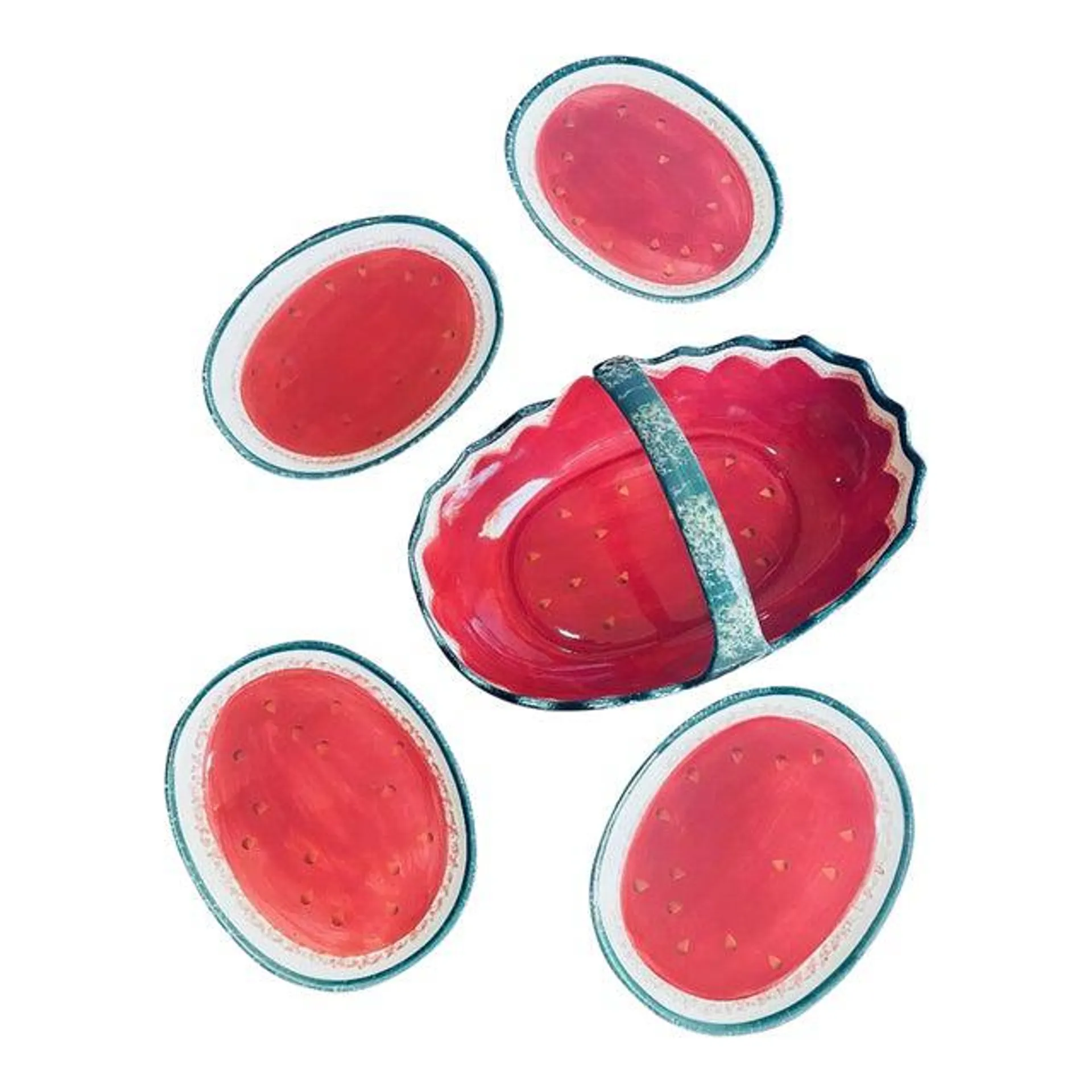 Vintage Ceramic Watermelon Serving Bowl Basket Shaped With Plate’s - Set of 5