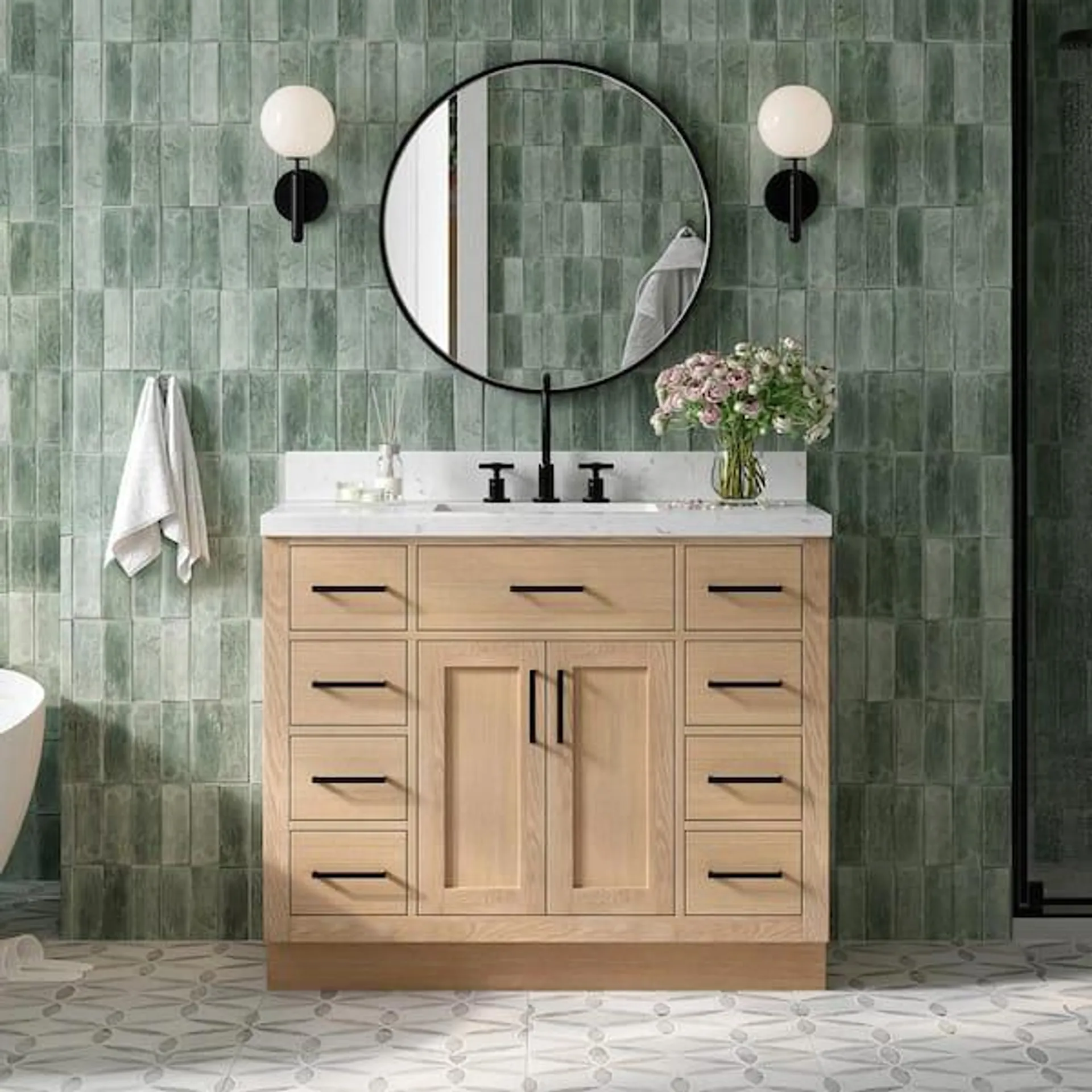 Hepburn 42 in. W x 22 in. D x 36 in. H Single Freestanding Bath Vanity in Oak with Carrara White Quartz Top