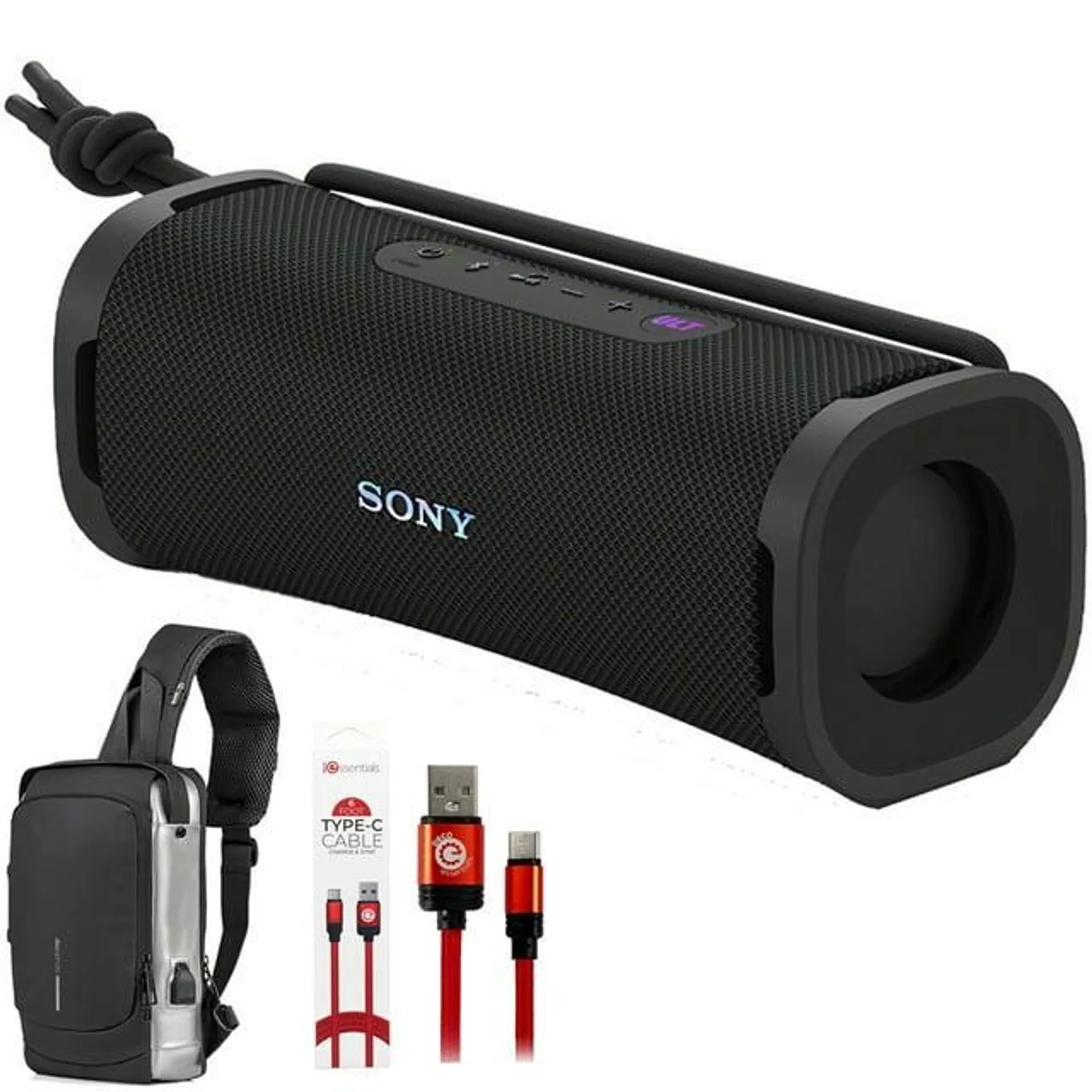 Sony (SRS-ULT10B) EXTRA BASS Portable Bluetooth Speaker (2024), Black Bundle with Deco Essentials Sling Backpack, Anti-Theft Combo Zipper Lock + 6FT Braided Type-C Charge & Sync USB Cable