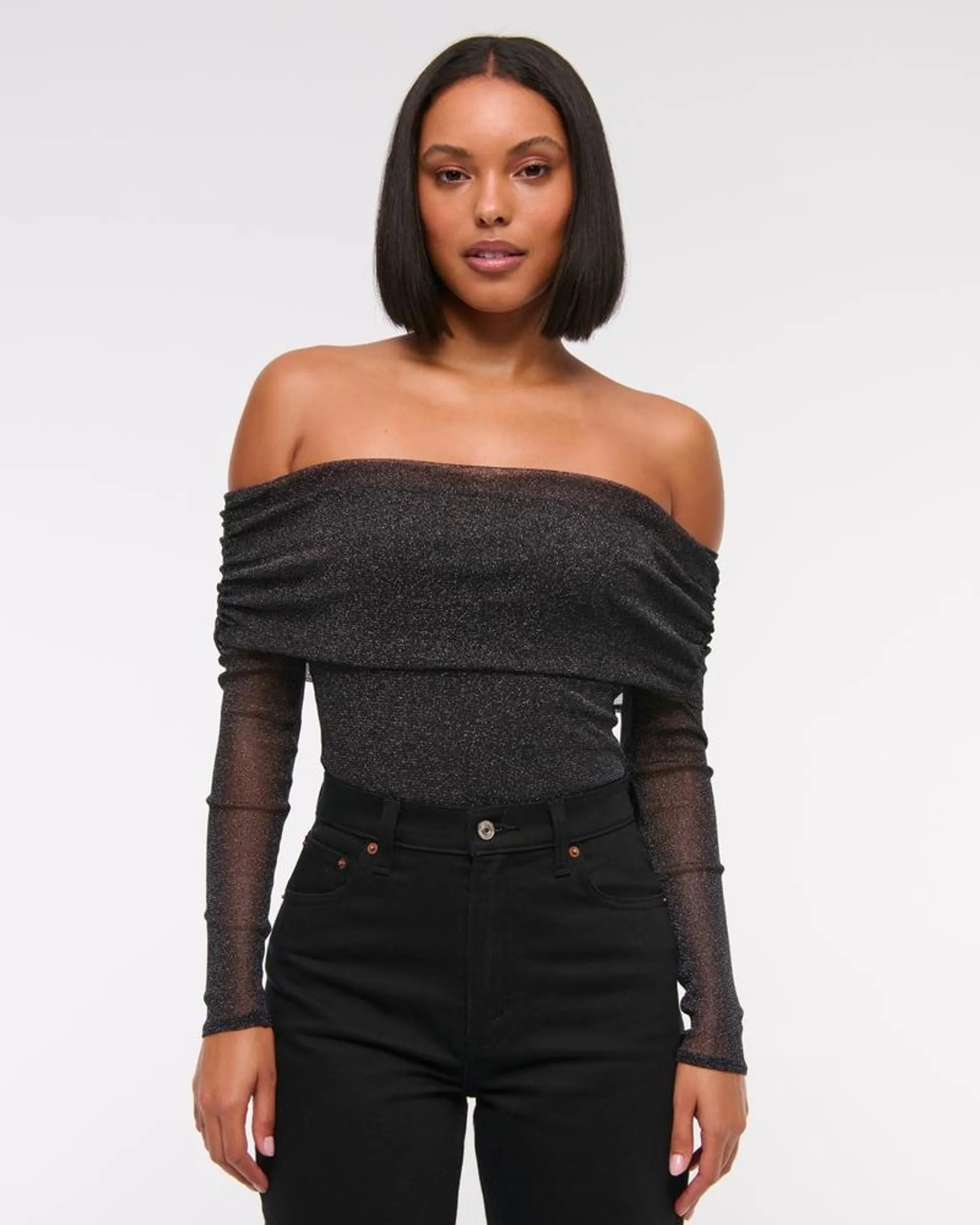 Long-Sleeve Off-The-Shoulder Mesh Bodysuit