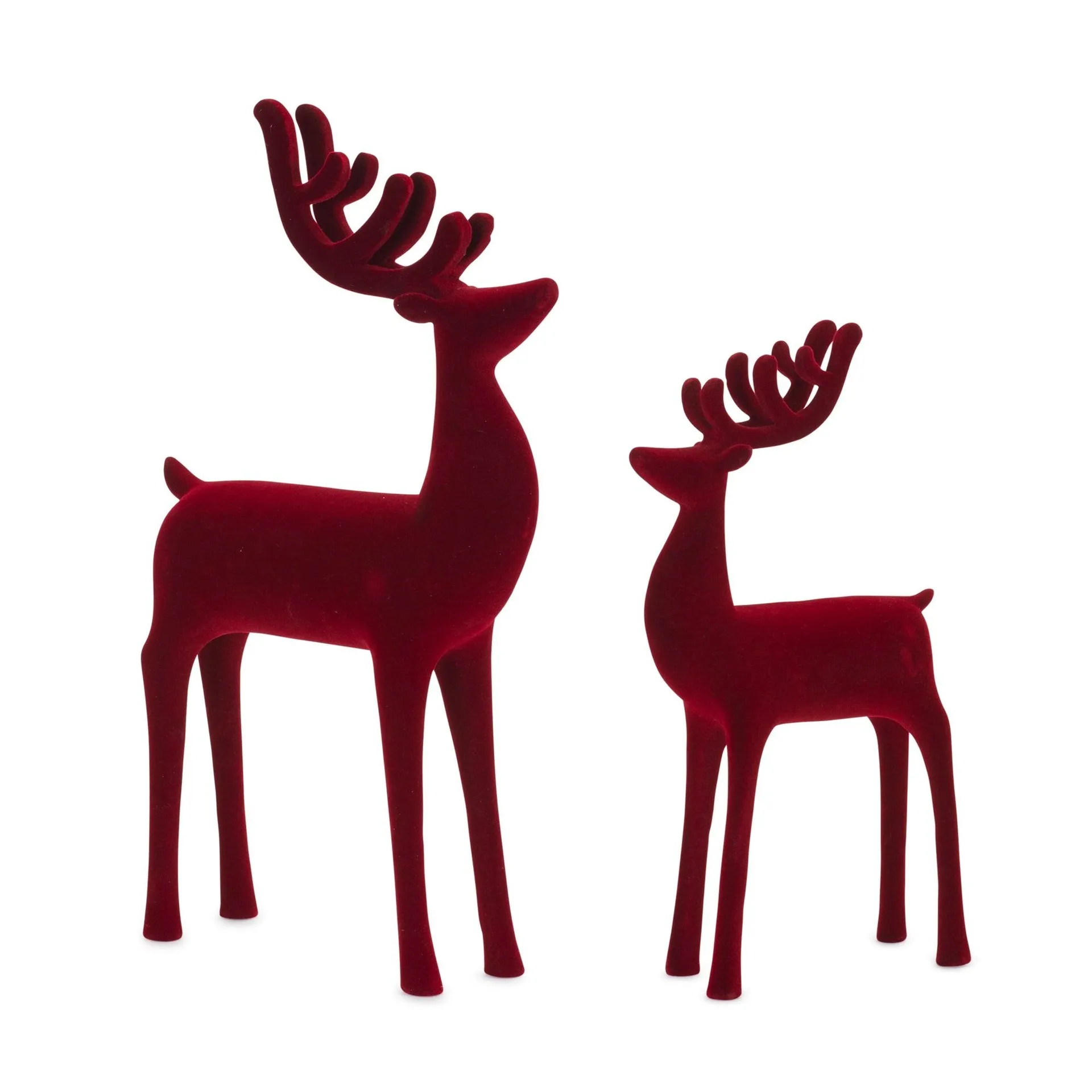 Red Flocked Deer Figurine, Set of 2