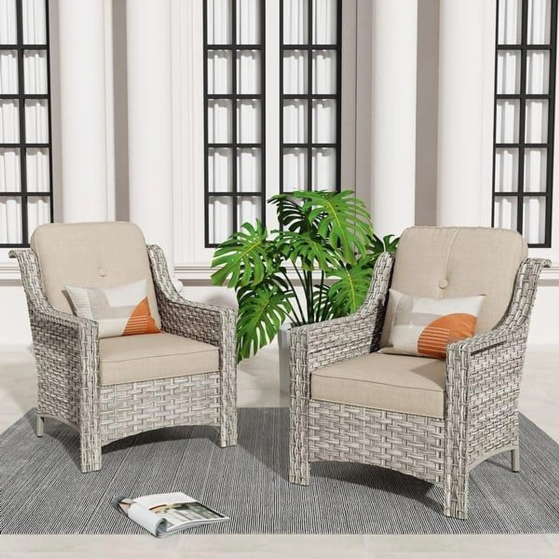 HOOOWOOO 2-piece Outdoor Patio High Back Wicker Rattan Chair Set