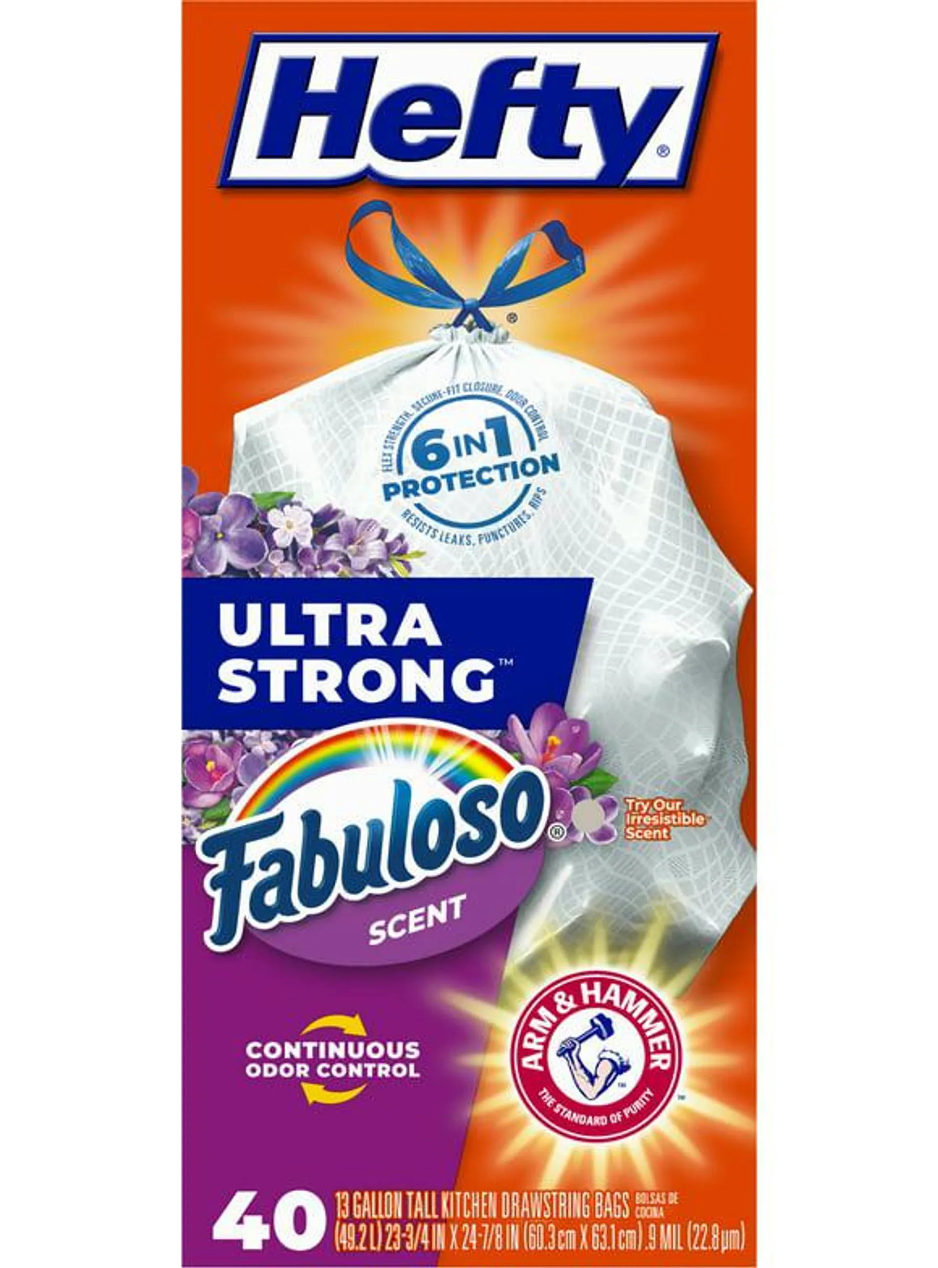 Hefty Ultra Strong Tall Kitchen Trash Bags, Fabuloso Scent, 13 Gallon, 40 Count