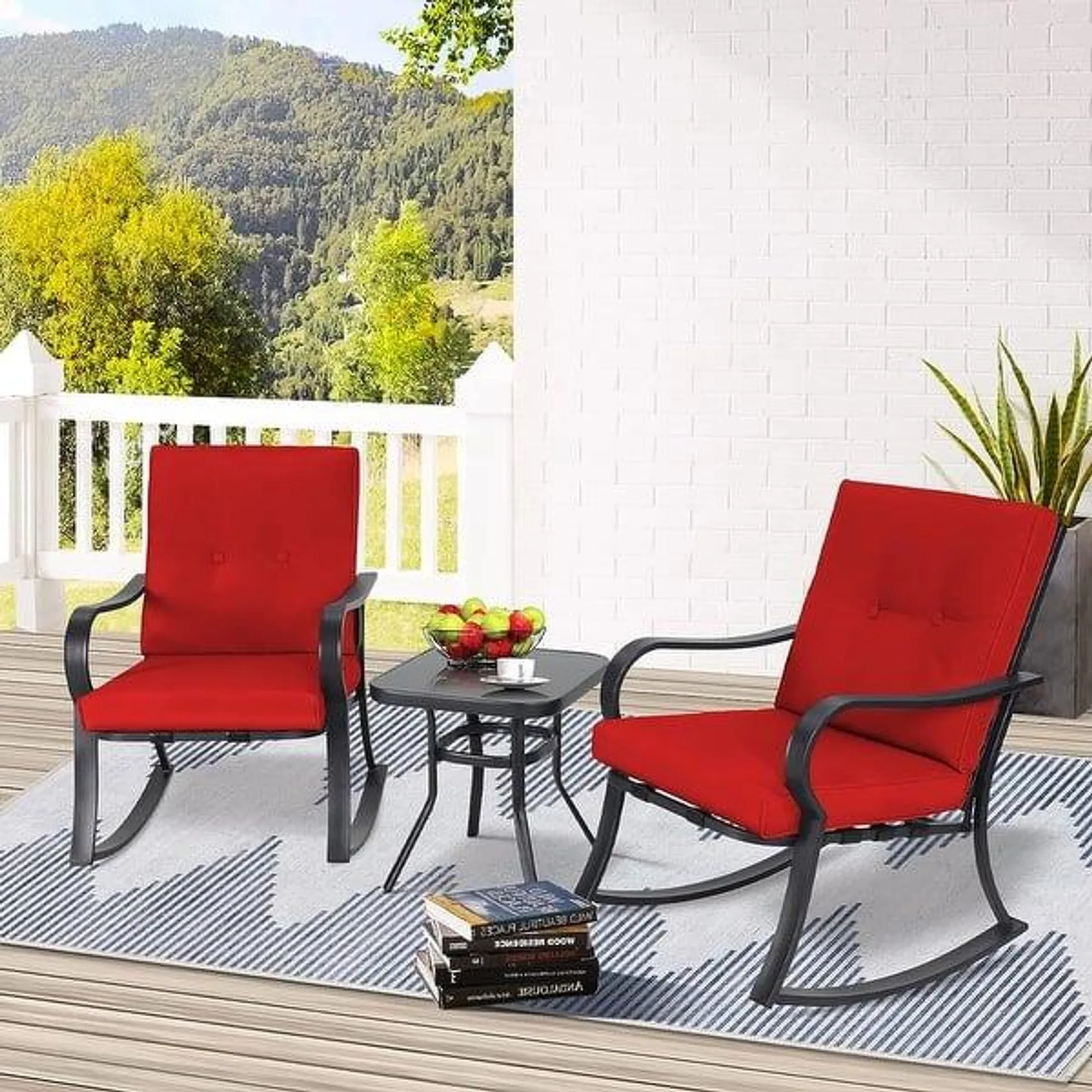 Patio 3 Piece Outdoor Rocking Chair Black Steel Bistro Sets