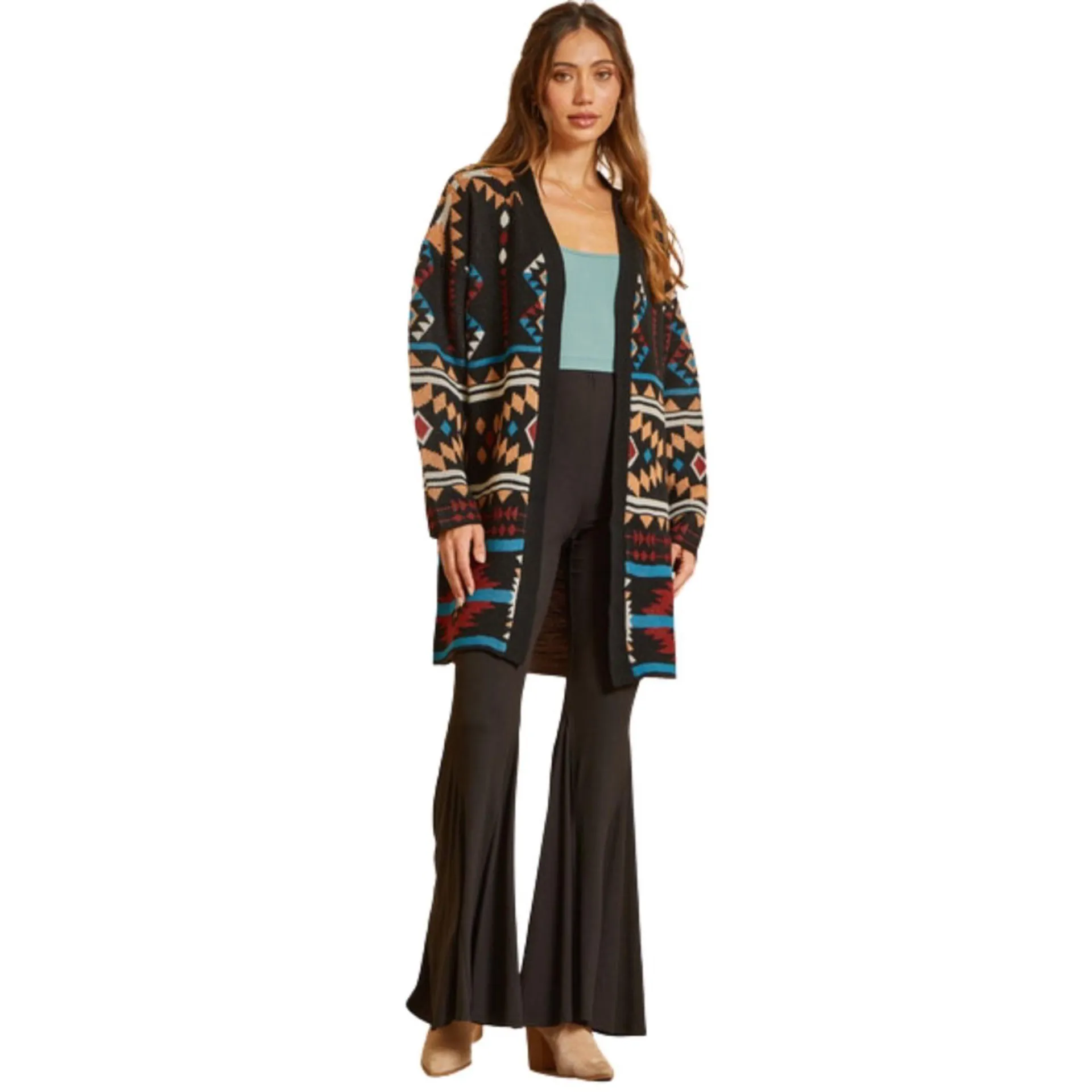 Savannah Jane Womens Black Multi Aztec Cardigan