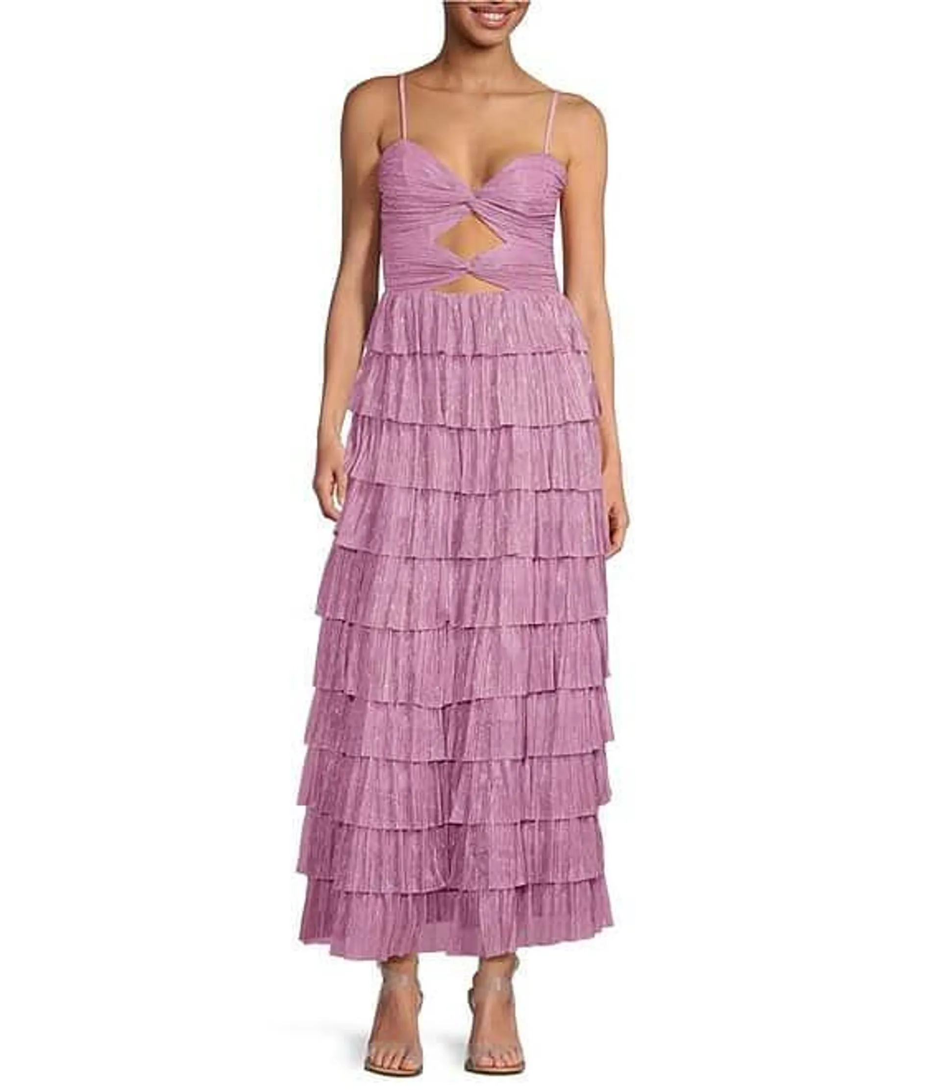 Grace Metallic Plisse Sweetheart Neck Cut-Out Tiered Dress