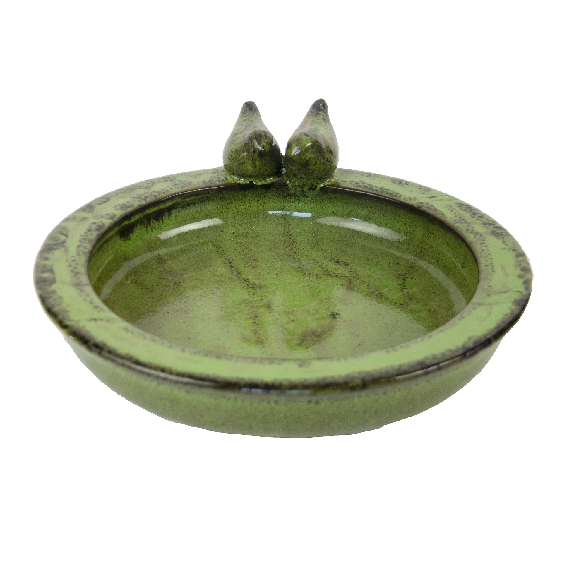 Round Ceramic Birdbath With Birds - Green