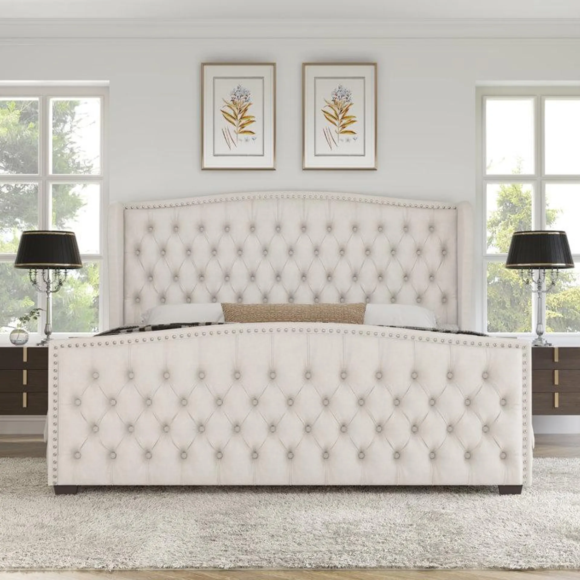 DuJuan Deep Button Tufted Upholstered Bed with Nailhead Trim Wingback Headboard