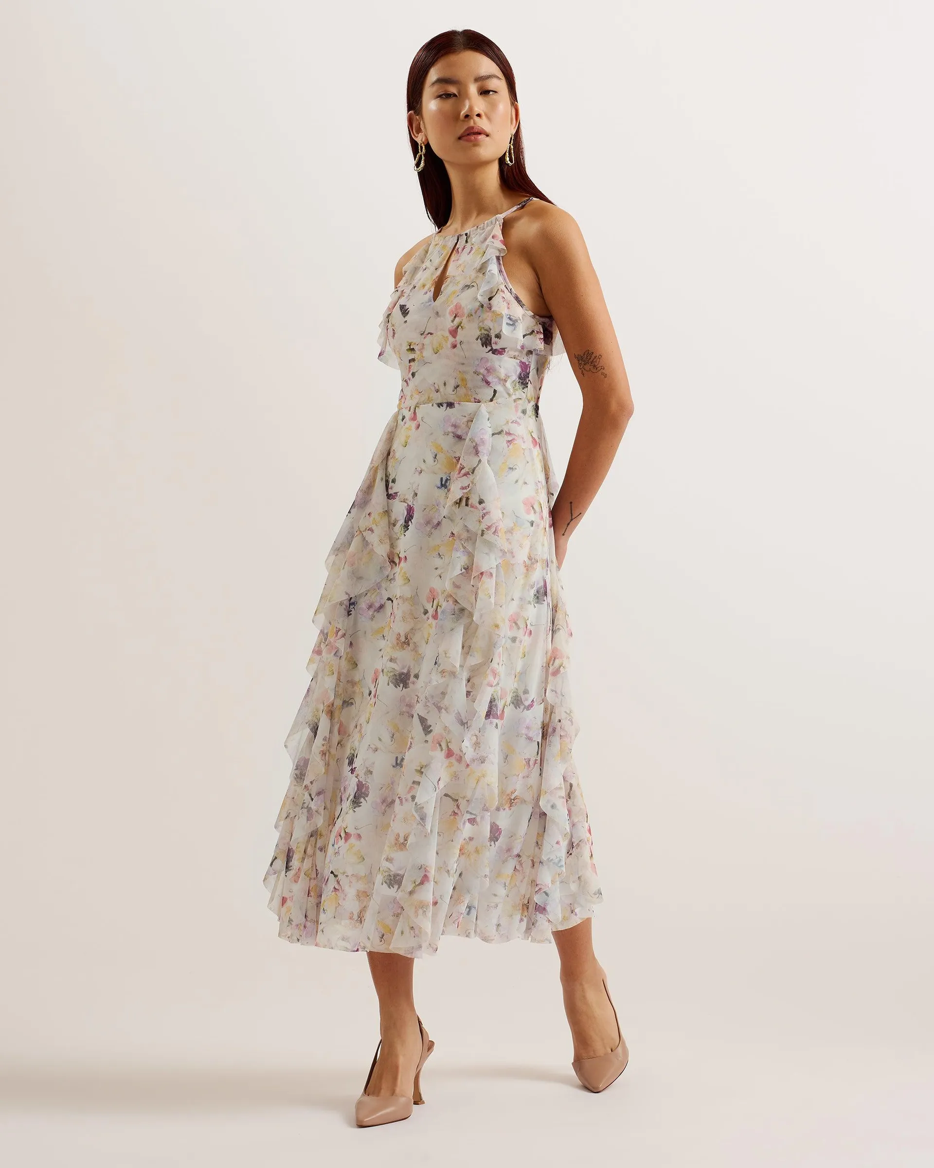 Lauriin Sleeveless Floral Ruffle Detail Midi Dress White