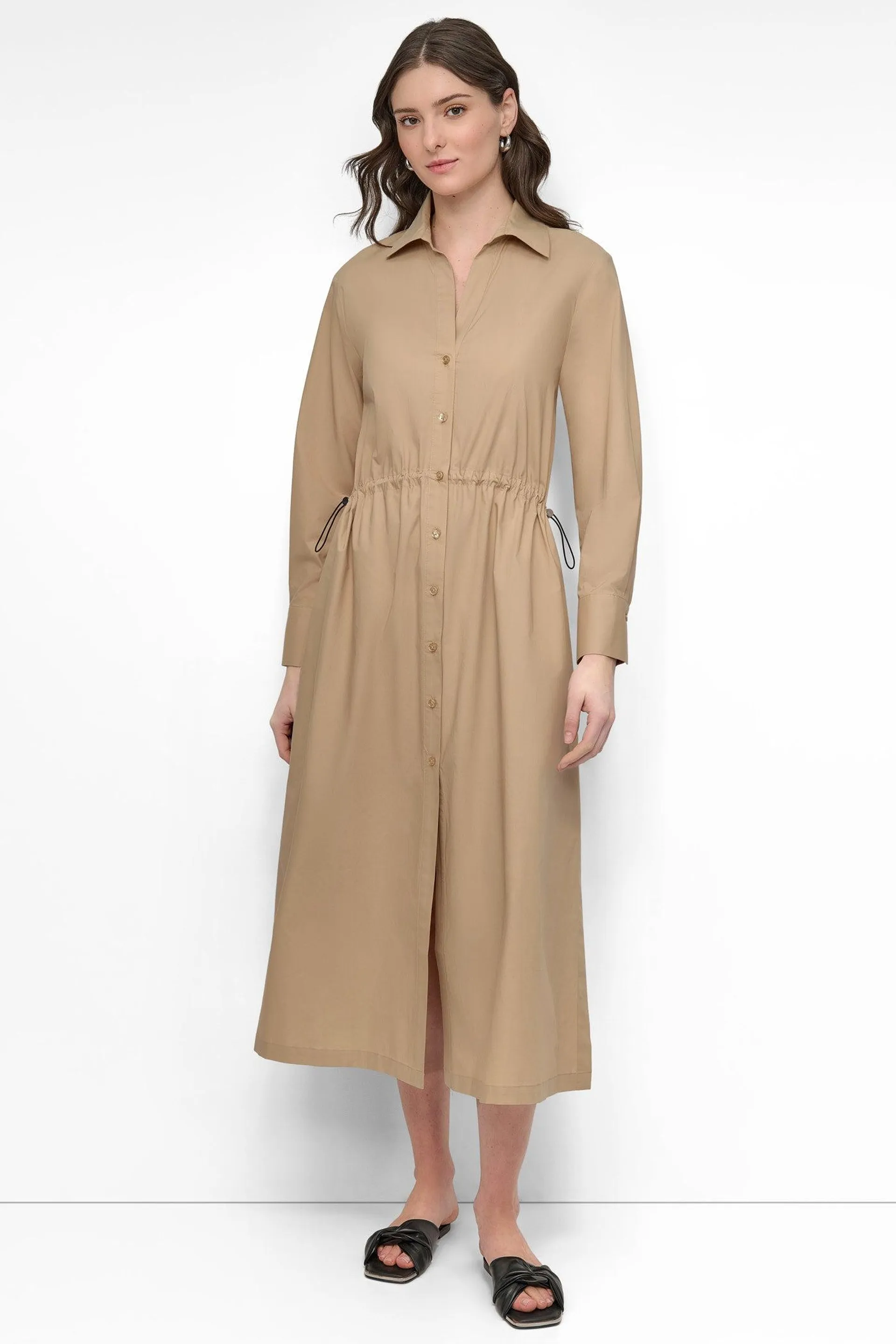 POPLIN LONG SLEEVE SHIRT DRESS WITH ADJUSTABLE WAIST