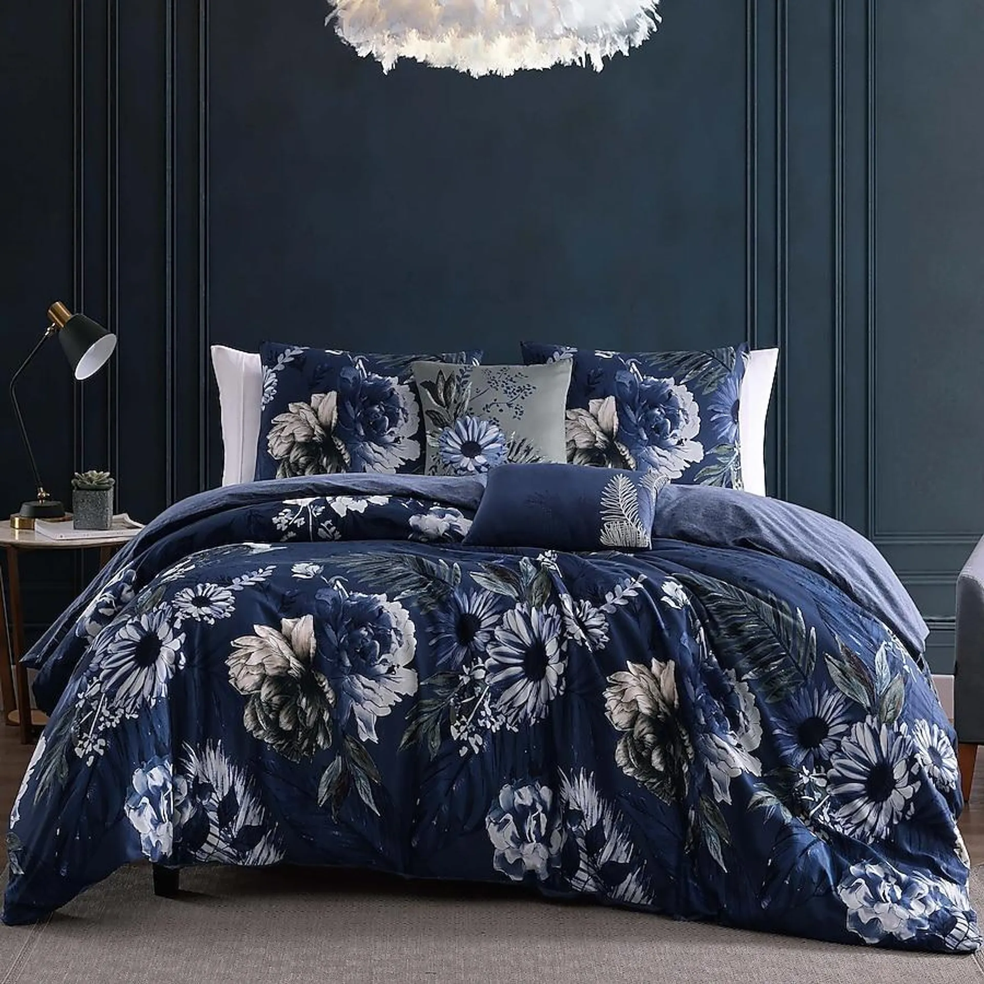 BEBEJAN Delphine 5 Piece Comforter Set Navy Floral Reversible King Comforter Cotton with (Fill)