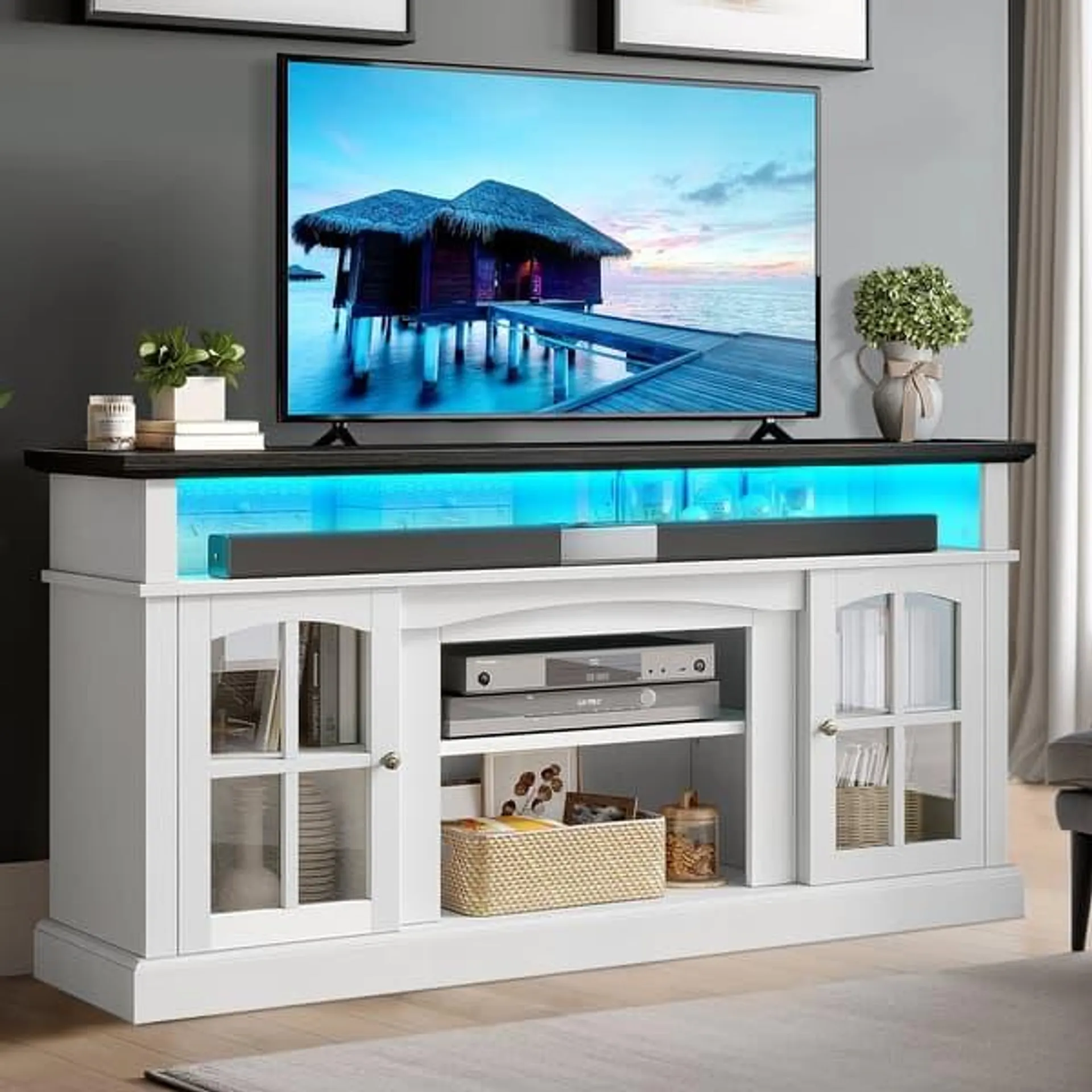 Moasis Farmhouse 65" Highboy LED TV Stand, Entertainment Center Media Console for TV up to 65"