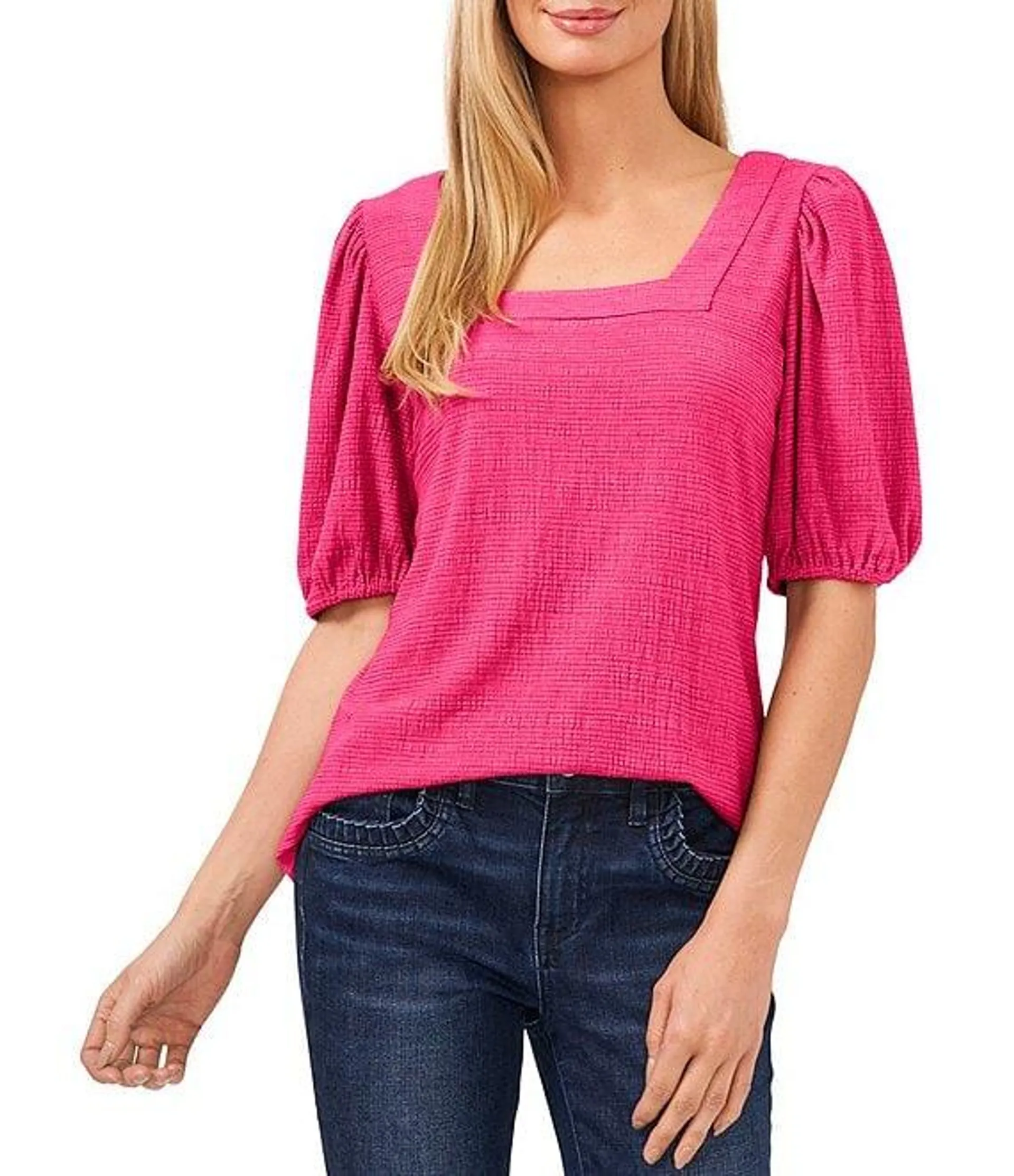 Square Neck Short Puff Elbow Sleeve Blouse