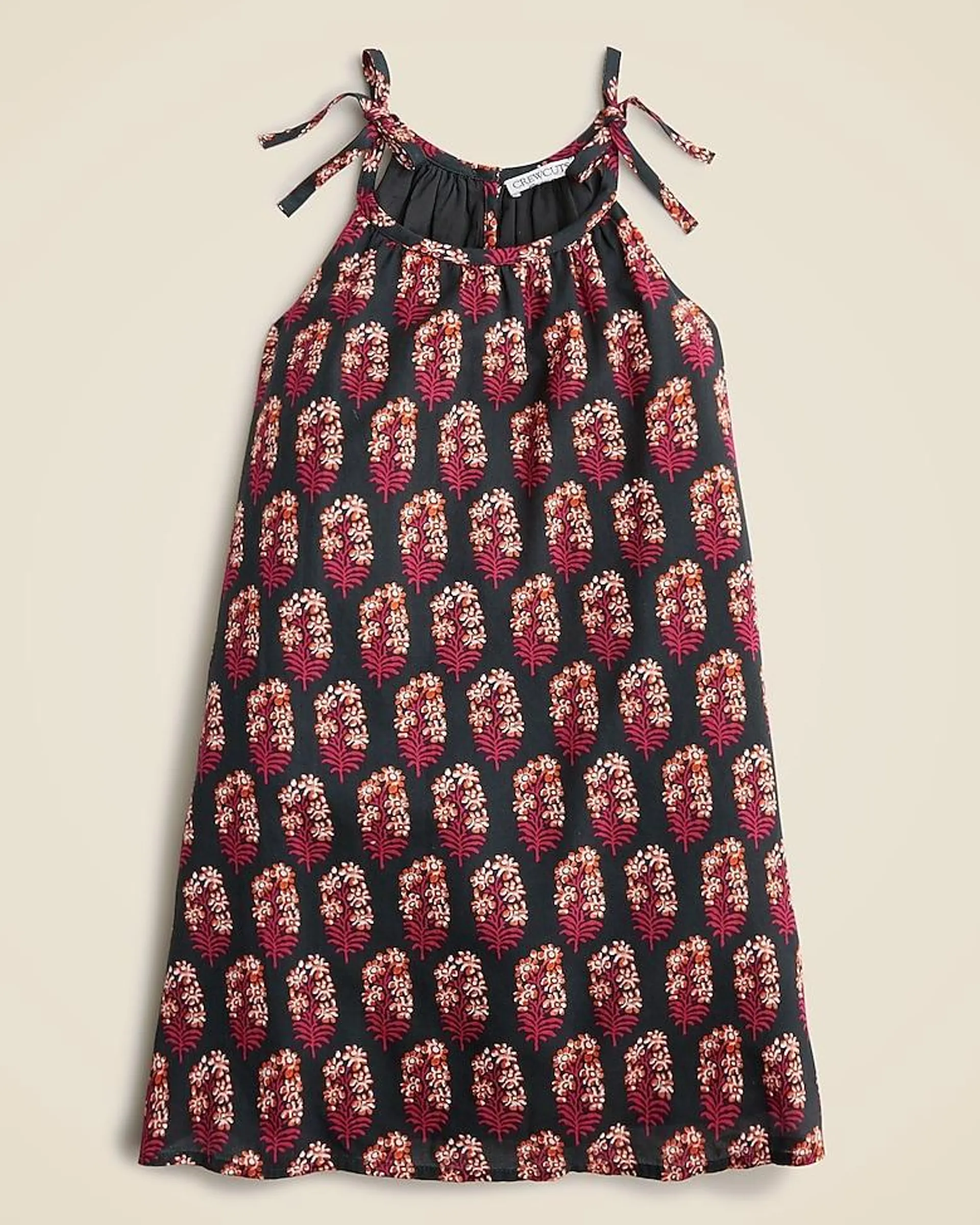 Girls' tie-shoulder dress in cocoa block print