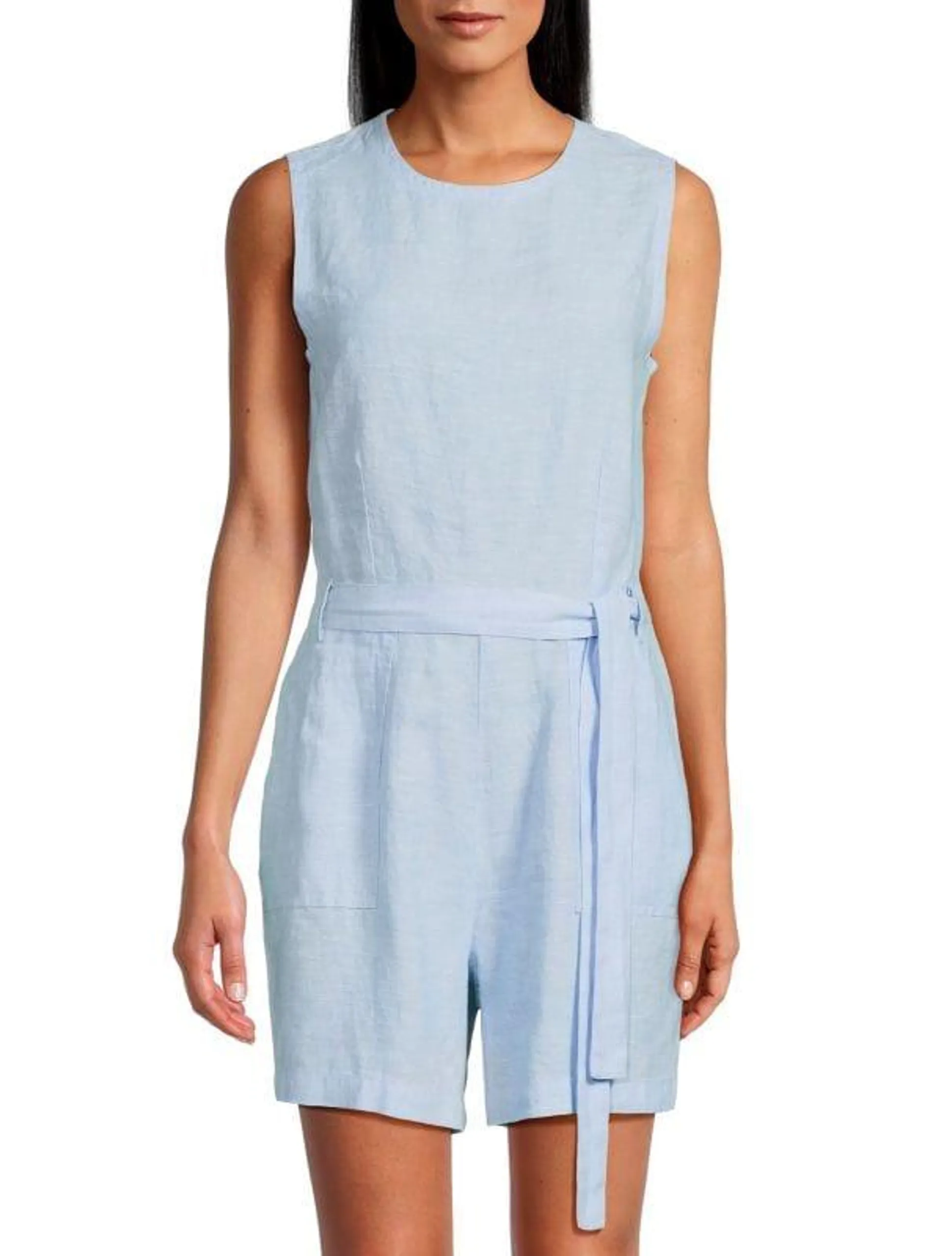 Roundneck Belted 100% Linen Romper