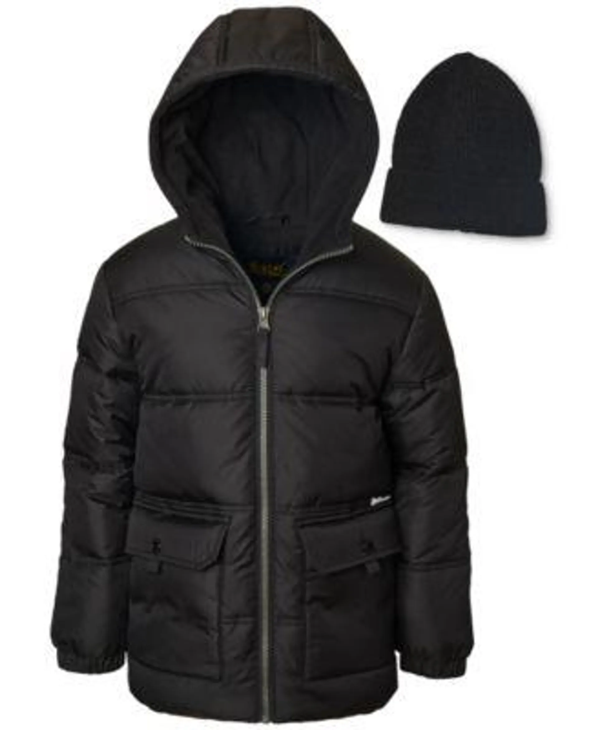 Big Boys Fleece-Lined Full-Zip Hooded Puffer Jacket with Ribbed-Knit Beanie