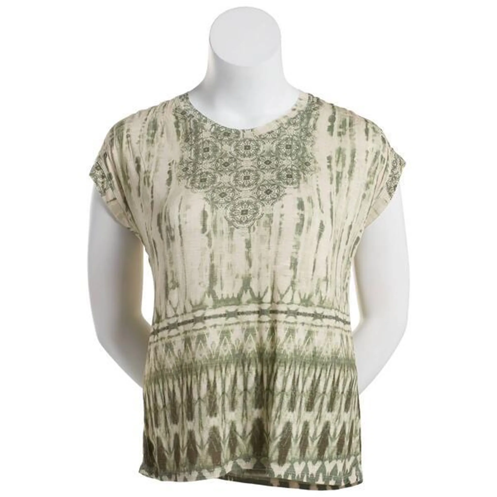 Womens OneWorld Pleat Shoulder Cap Sleeve Print Tee - Pearl