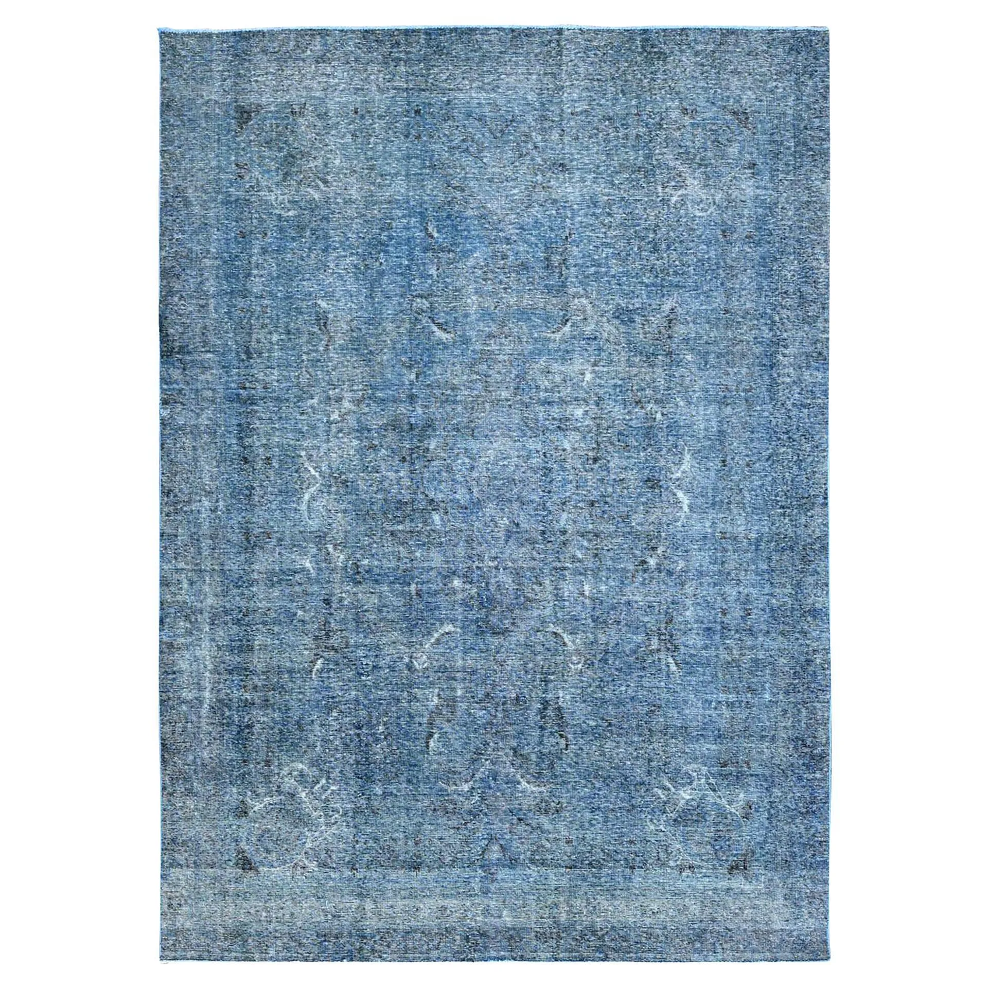 Blue Overdyed Vintage Persian Tabriz Even Wear Clean Hand Knotted Pure Wool Rug