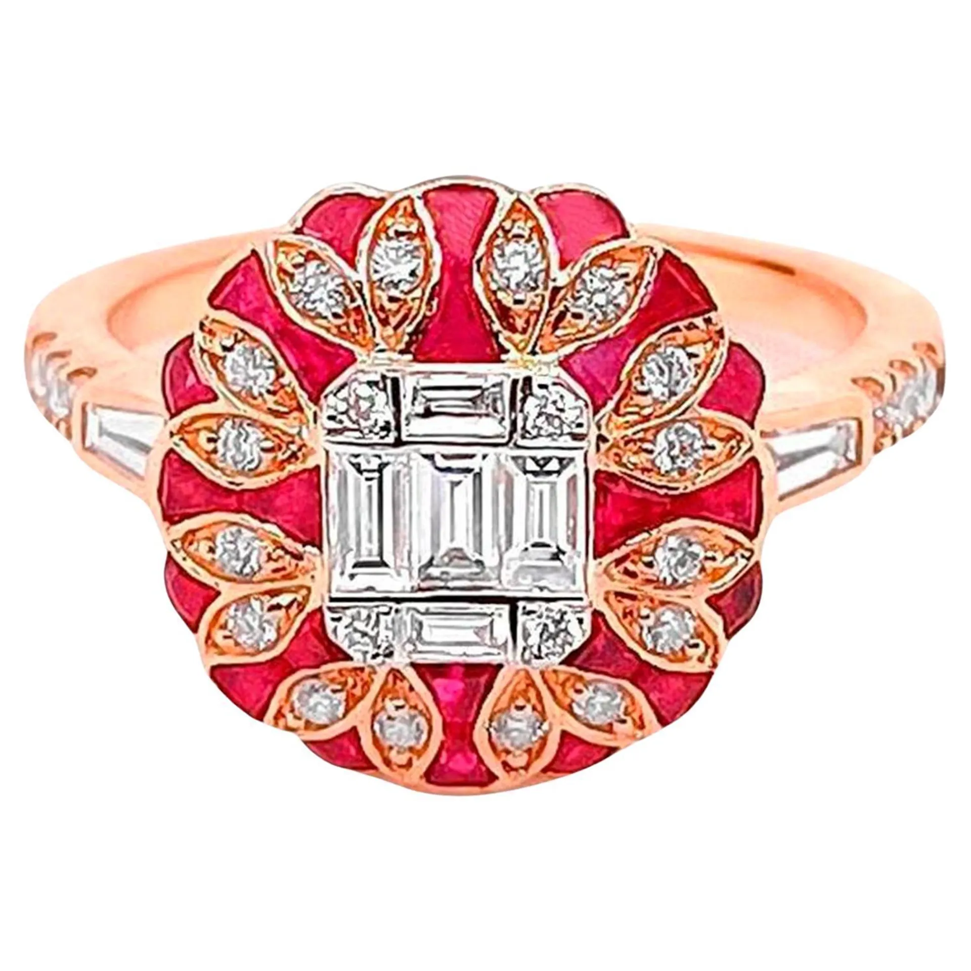 Diamond Illusion Set Ring With Rubies 2.02 Carats 18K Rose Gold